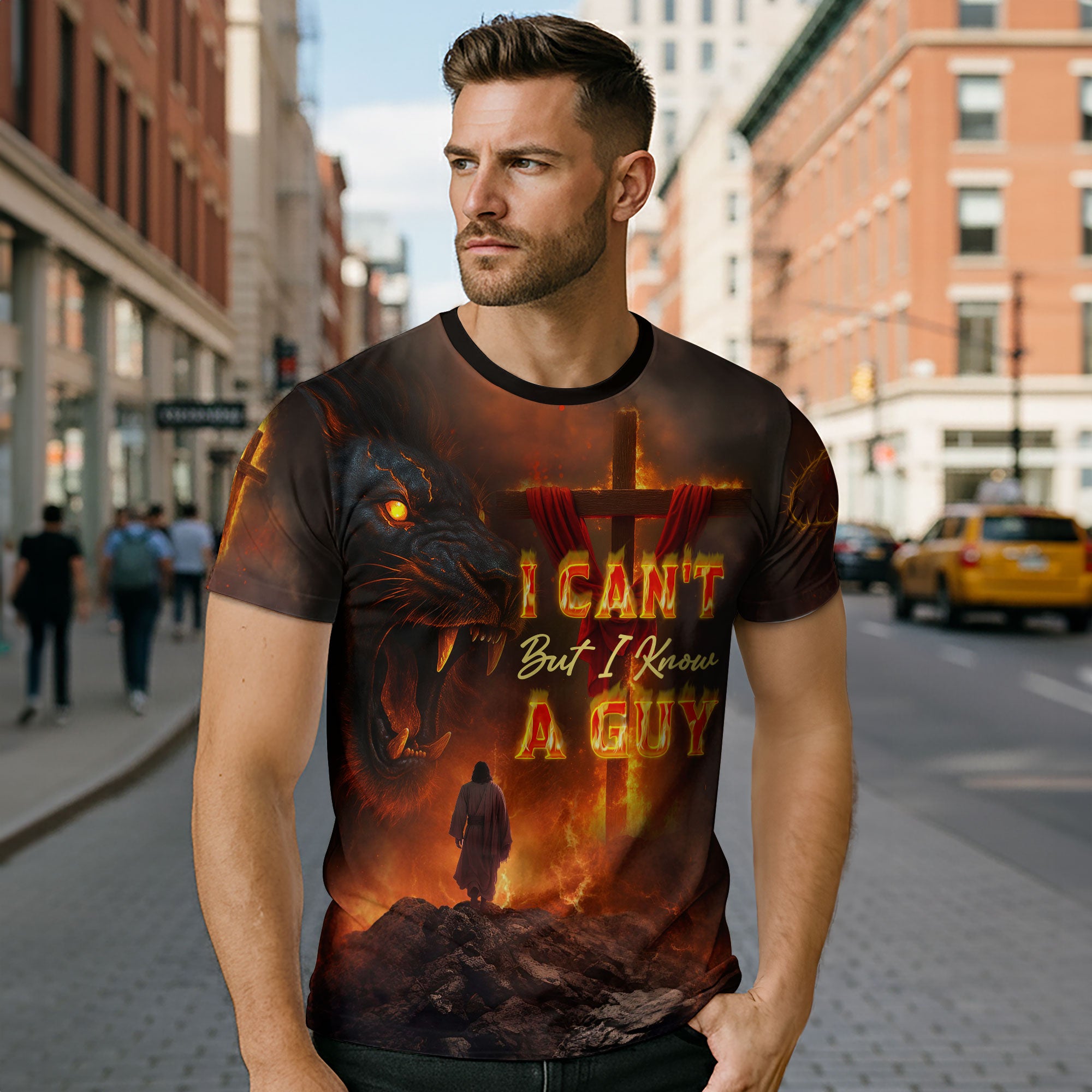 I Can’t But I Know A Guy Fiery Cross Lion of Judah Christian Faith T-Shirt