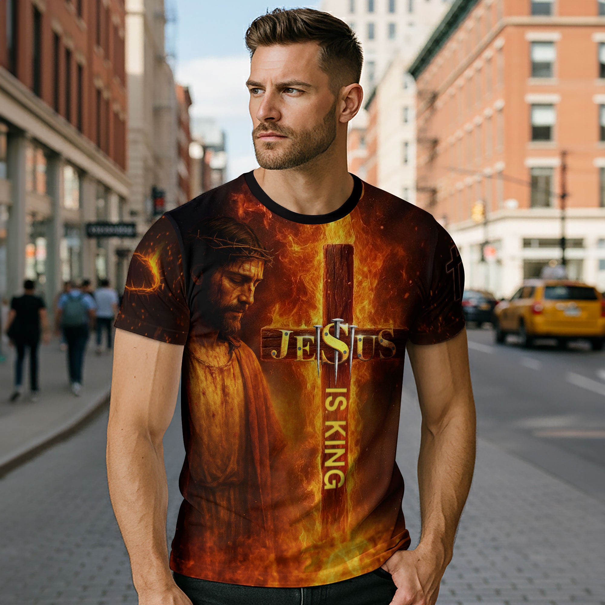 Jesus Is King Cross and Lion Fire Art T-Shirt