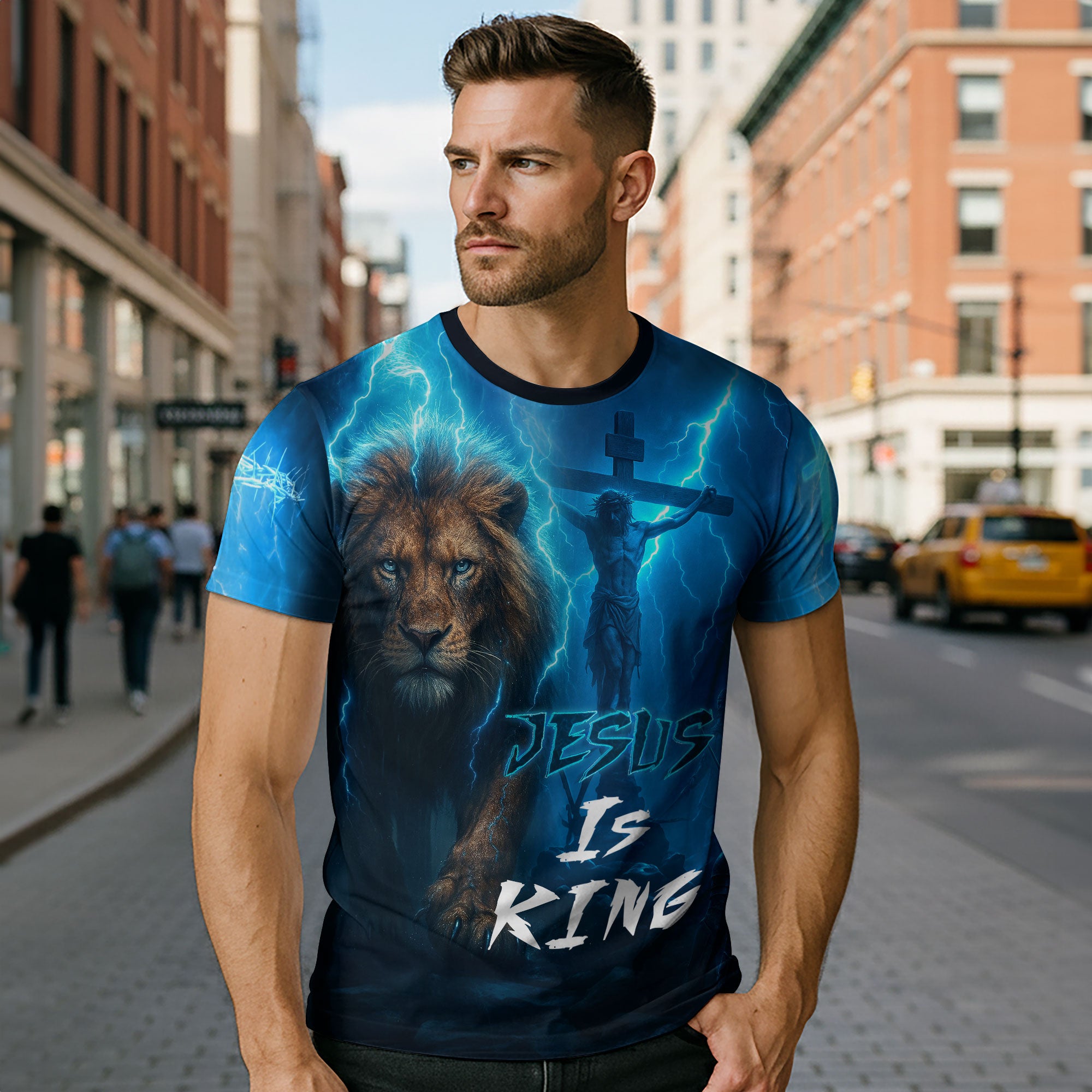 Jesus Is King Lightning Lion Cross Christian T-Shirt