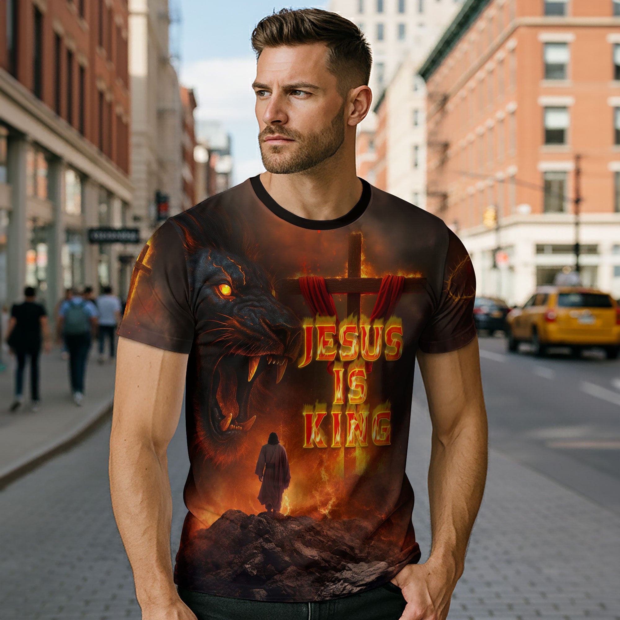 Jesus Is King With Fiery Lion And Cross T-Shirt