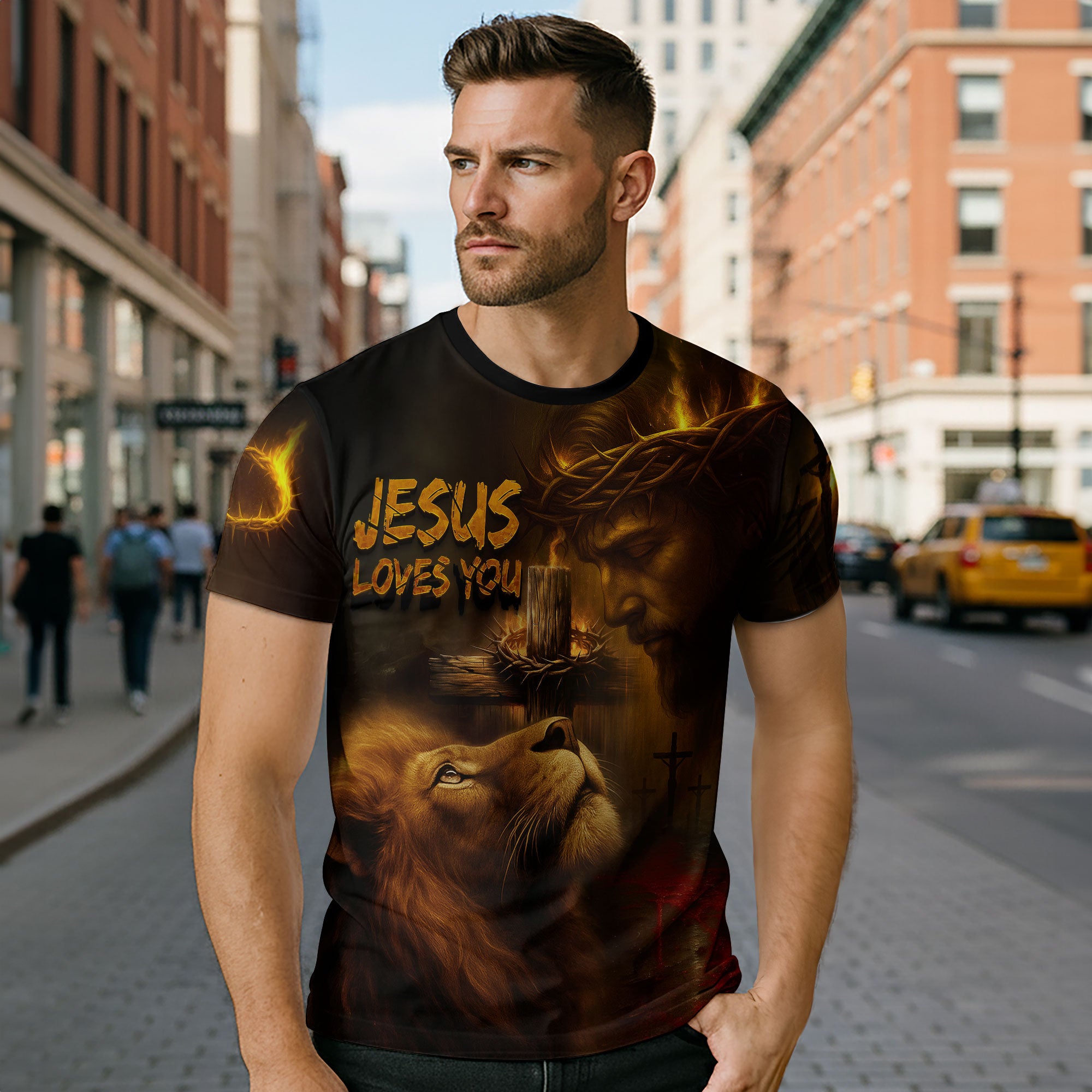 Jesus Loves You Fire of Faith Lion Christian T-Shirt