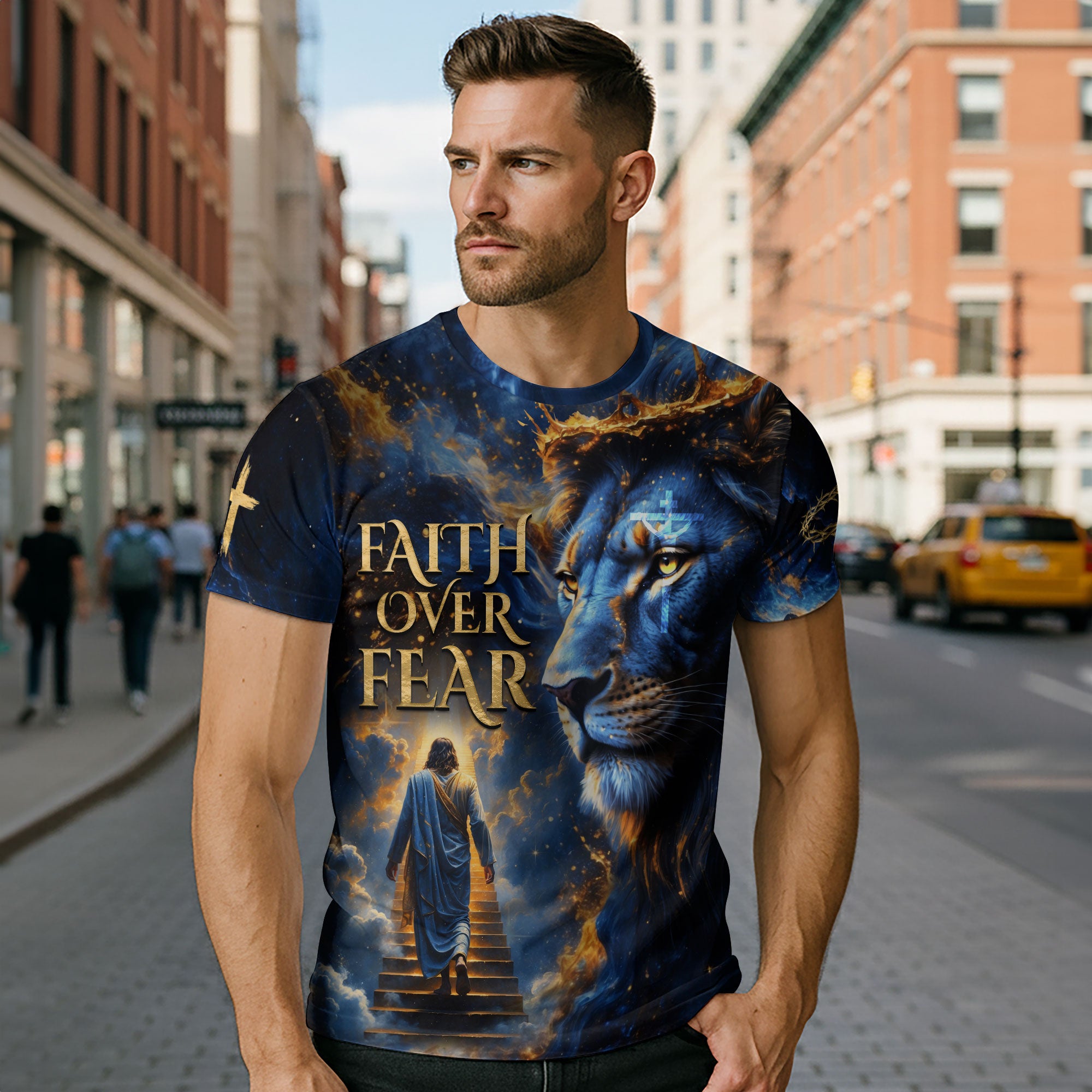 Faith Over Fear Blue Lion & Jesus Ascending Stairs Christian T-Shirt
