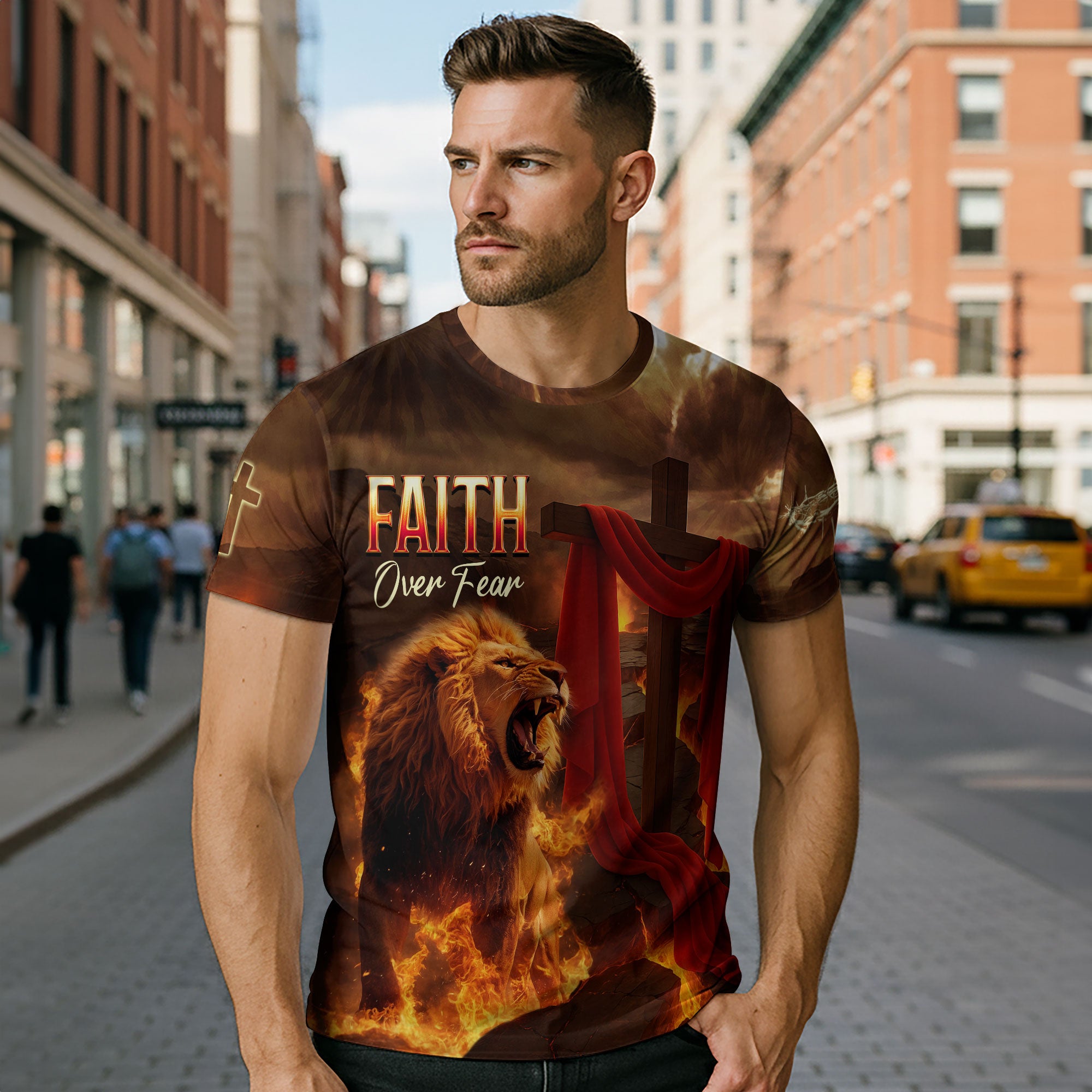 Faith Over Fear Lion & Cross in Flames Christian T-Shirt