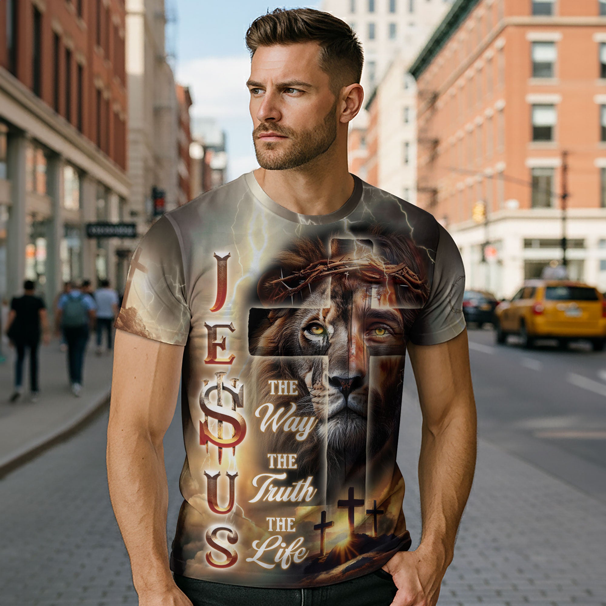Jesus The Way The Truth The Life Lion & Cross Lightning Christian T-Shirt