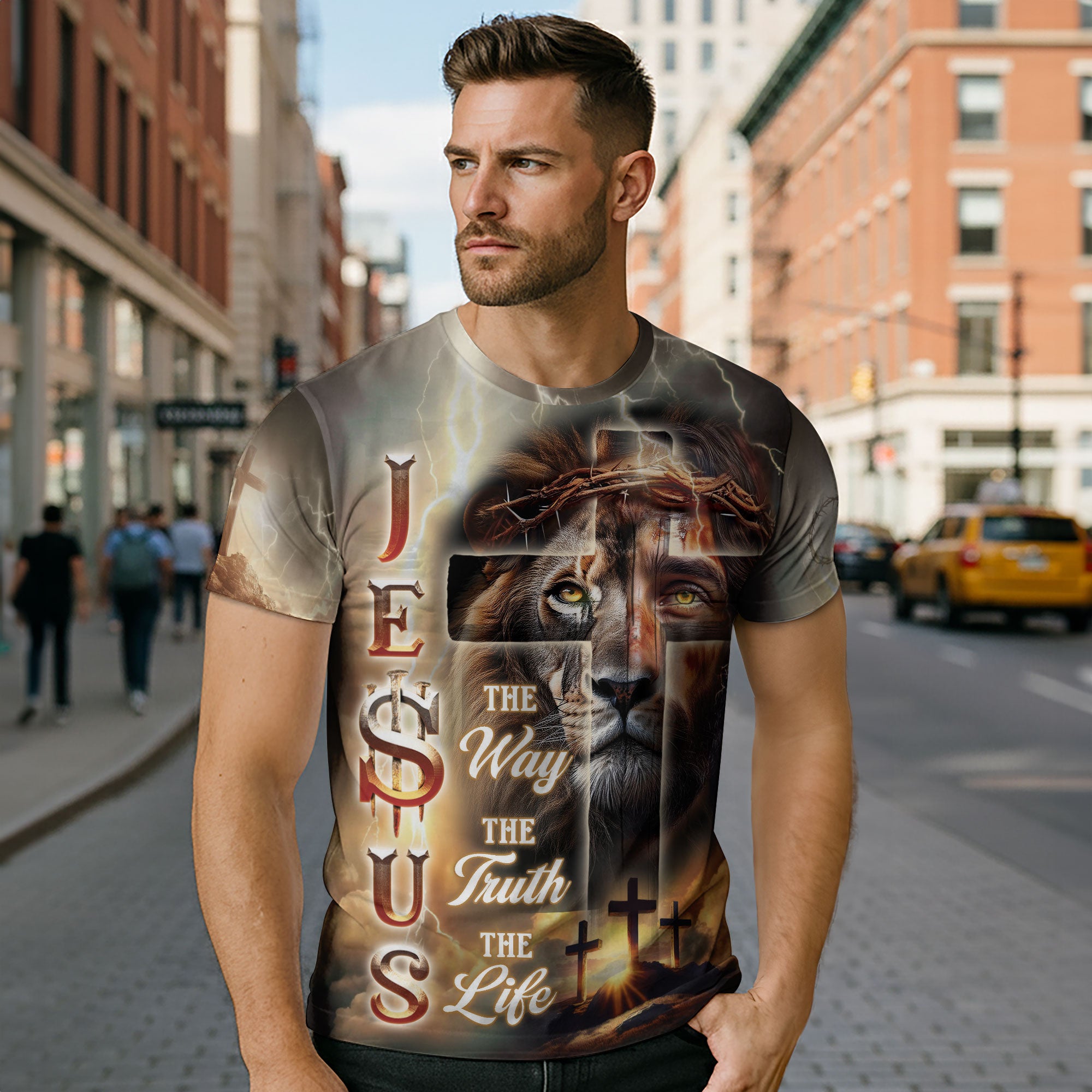 Jesus The Way The Truth The Life Lion & Cross Lightning Christian T-Shirt