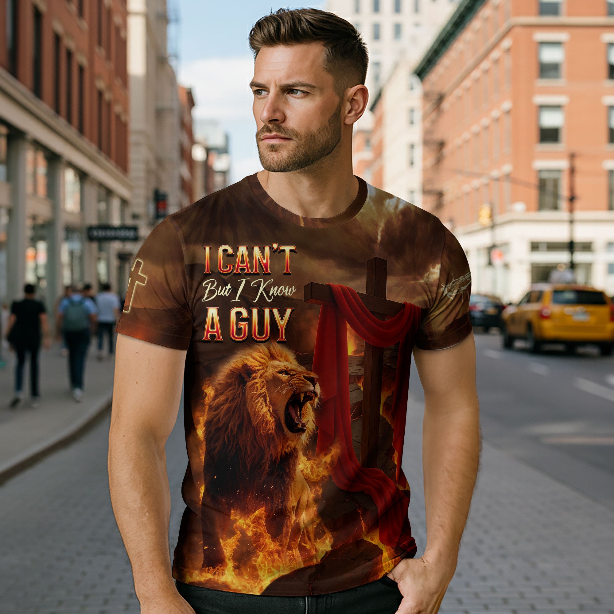 I Can’t But I Know A Guy Lion of Judah Fire Cross Christian T-Shirt