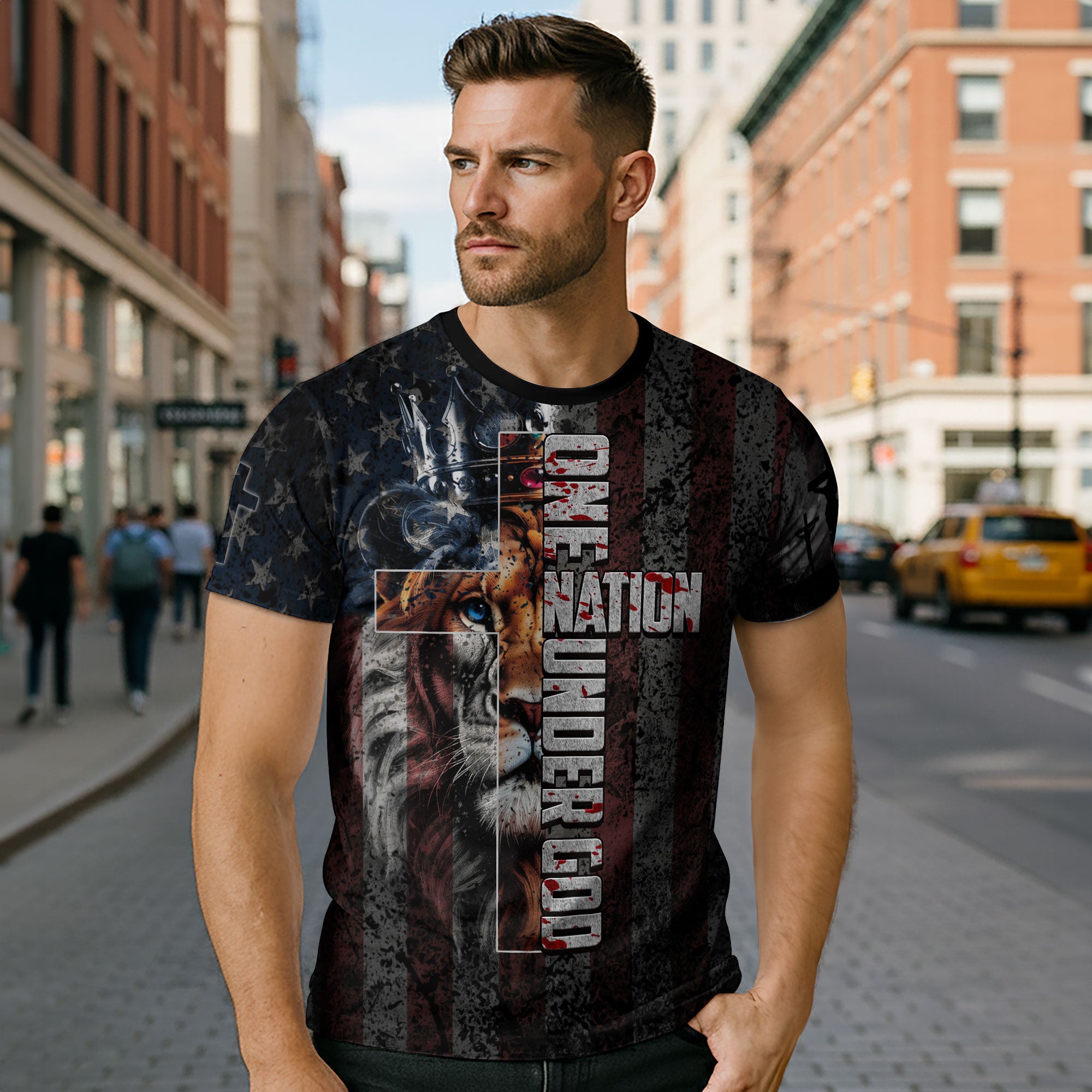 One Nation Under God Lion & Cross Christian T-Shirt