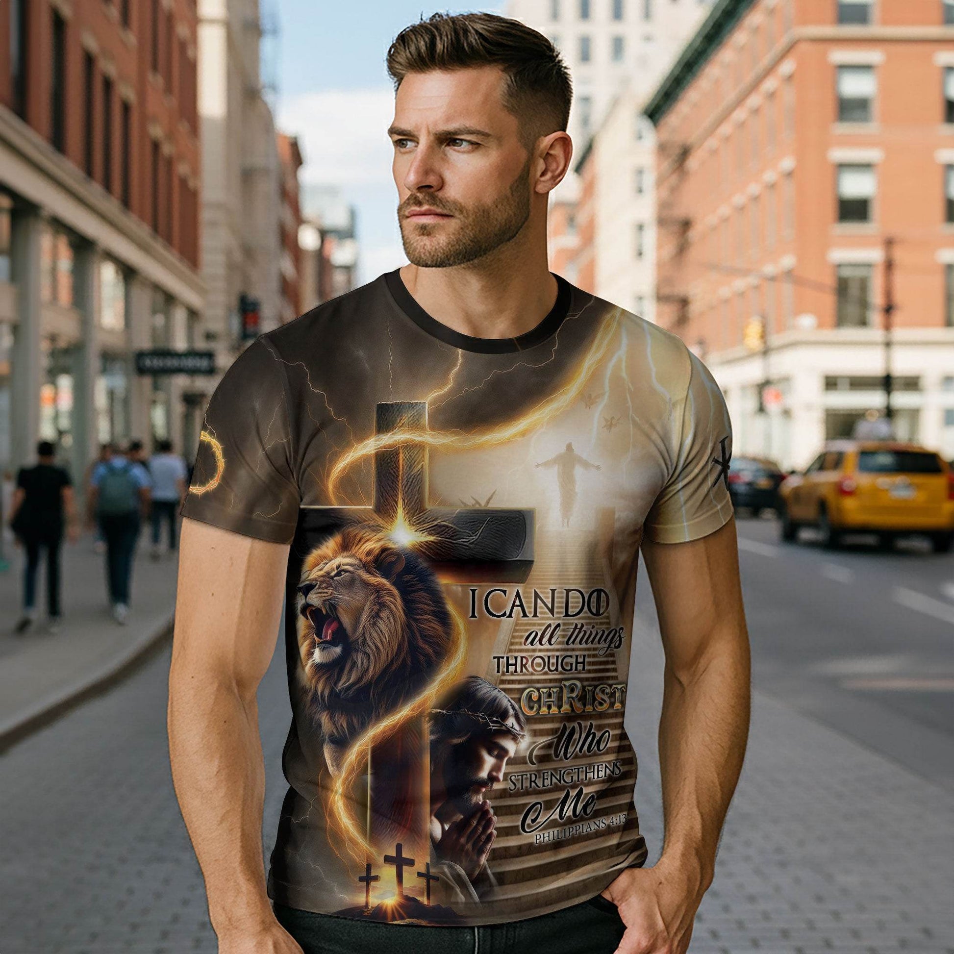 I Can Do All Things Through Christ Lion Cross Lightning T-Shirt - Rust Field Wear