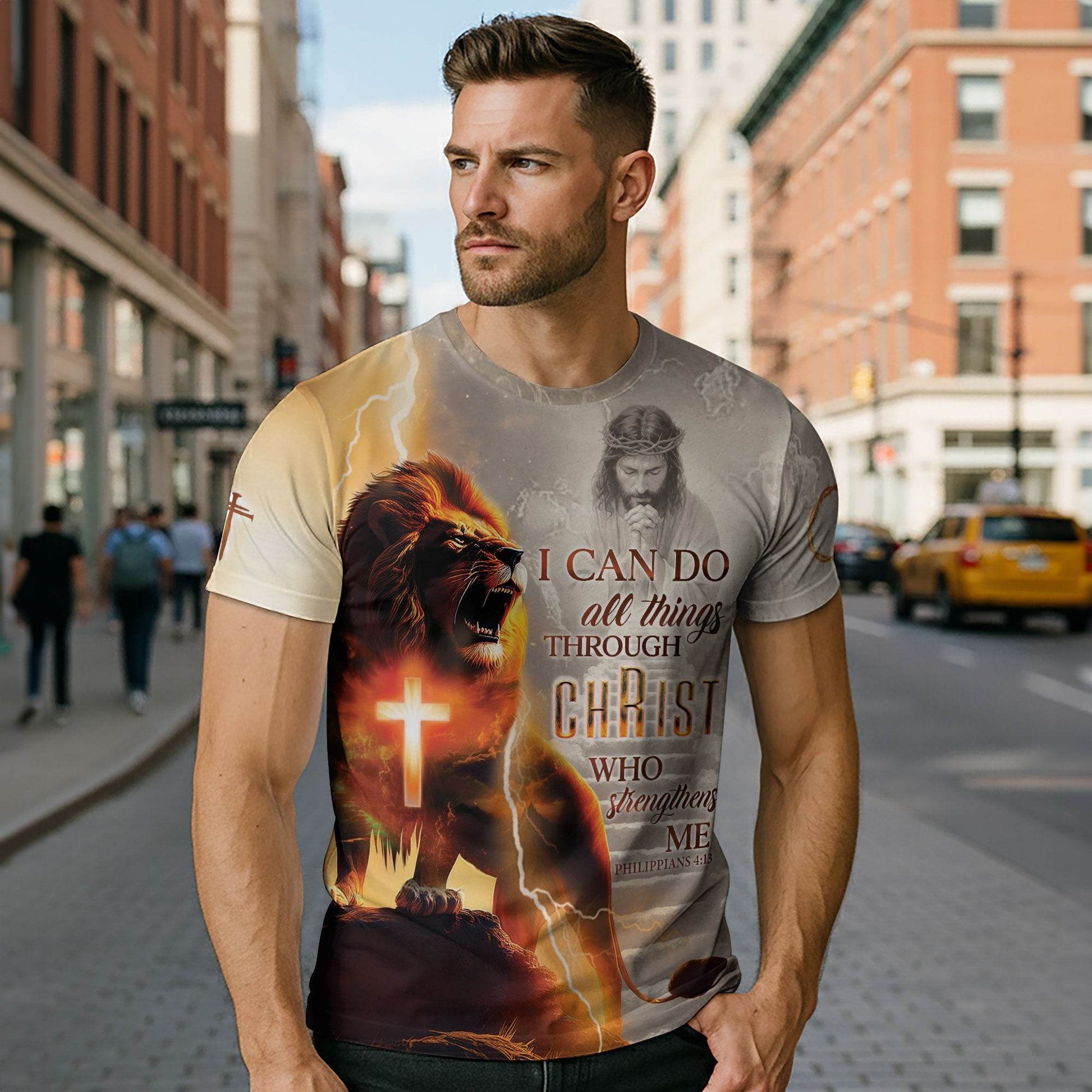 I Can Do All Things Through Christ Lightning Cross & Lion T-Shirt - Rust Field Wear