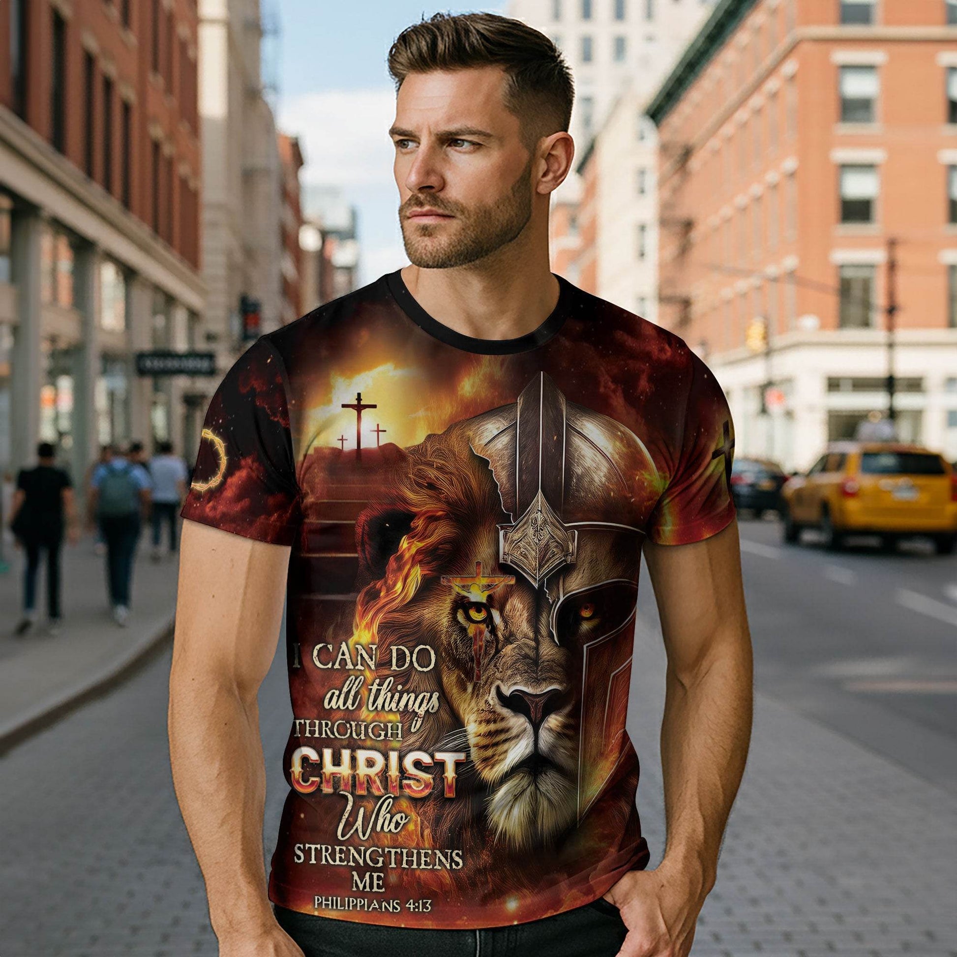 I Can Do All Things Through Christ Lion Warrior Cross T-Shirt - Rust Field Wear