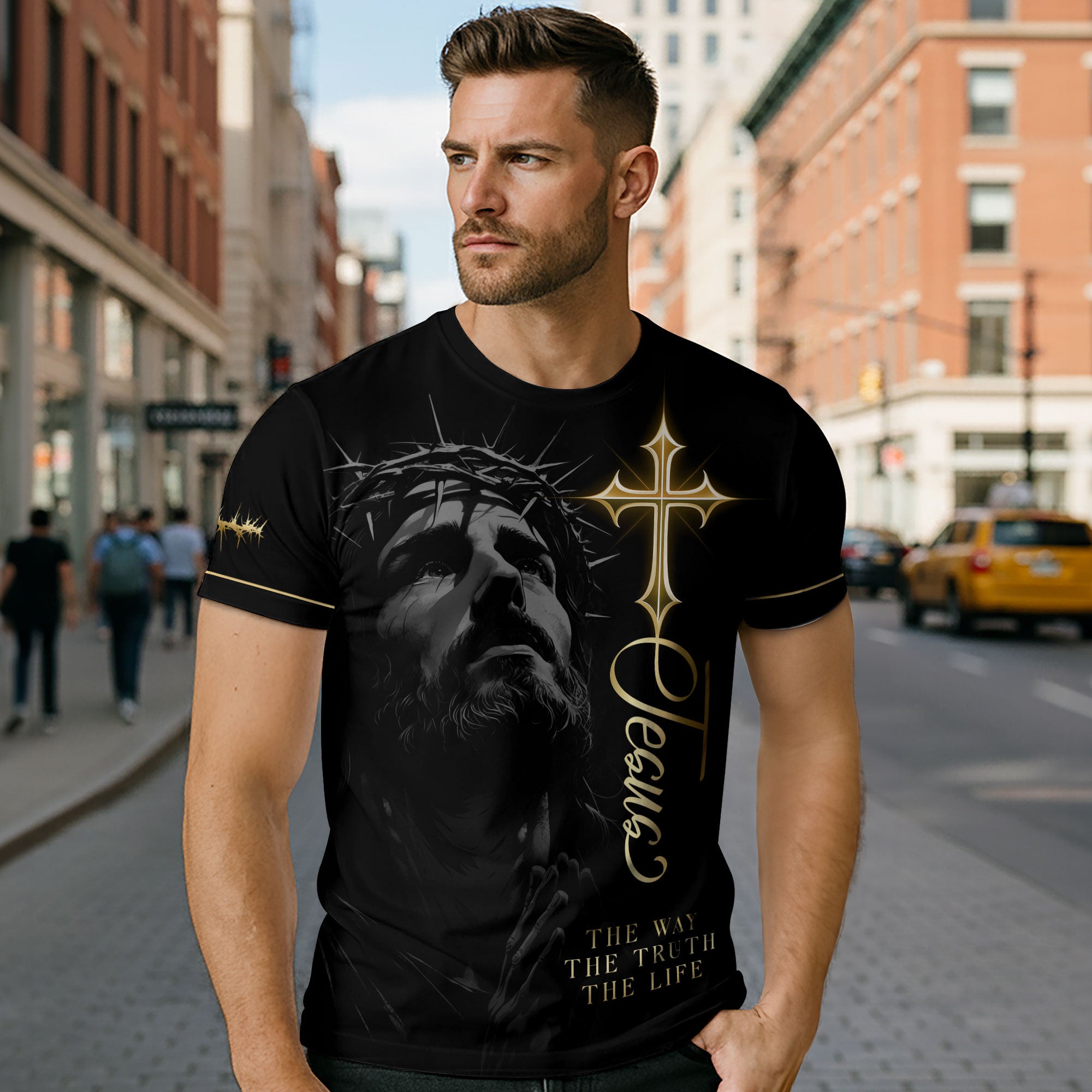 Jesus The Way The Truth The Life Golden Cross Lion Christian T-Shirt