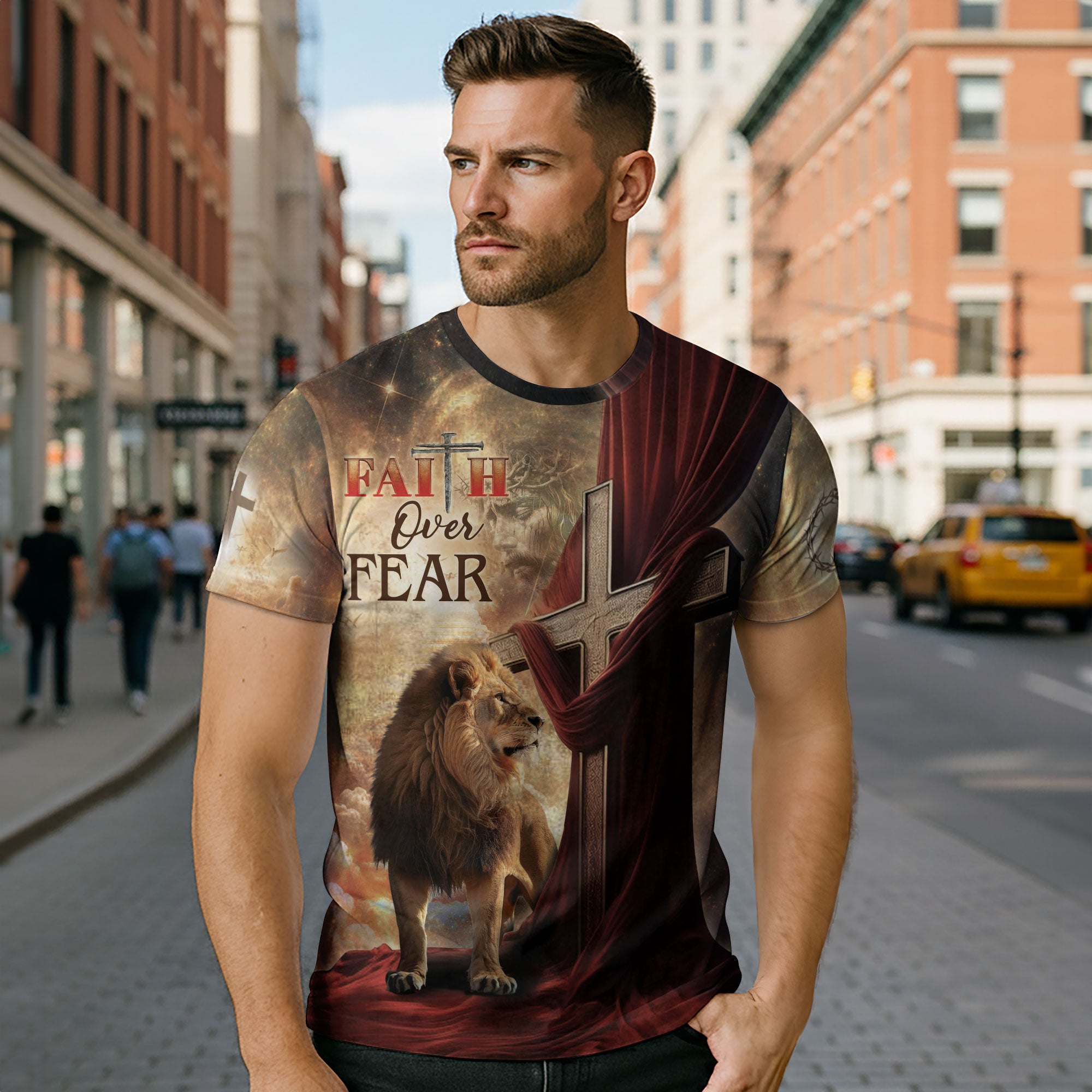 Faith Over Fear Lion and Cross Red Drape Christian T-Shirt