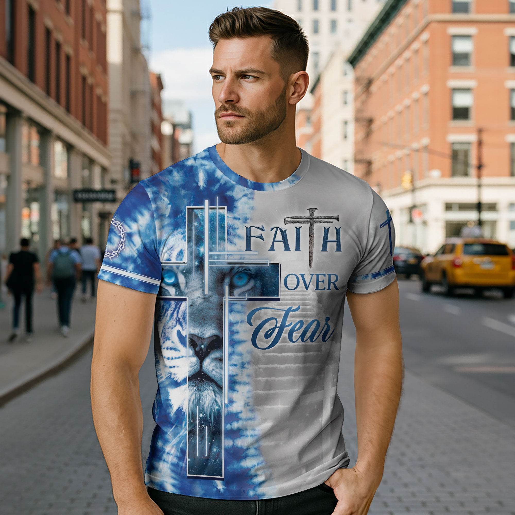 Faith Over Fear Blue Lion Cross Christian T-Shirt - Rust Field Wear