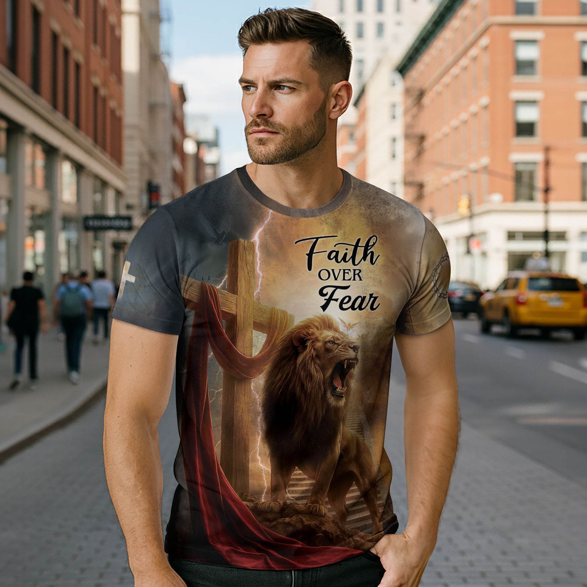 Faith Over Fear Lion Cross Christian T-Shirt - Rust Field Wear