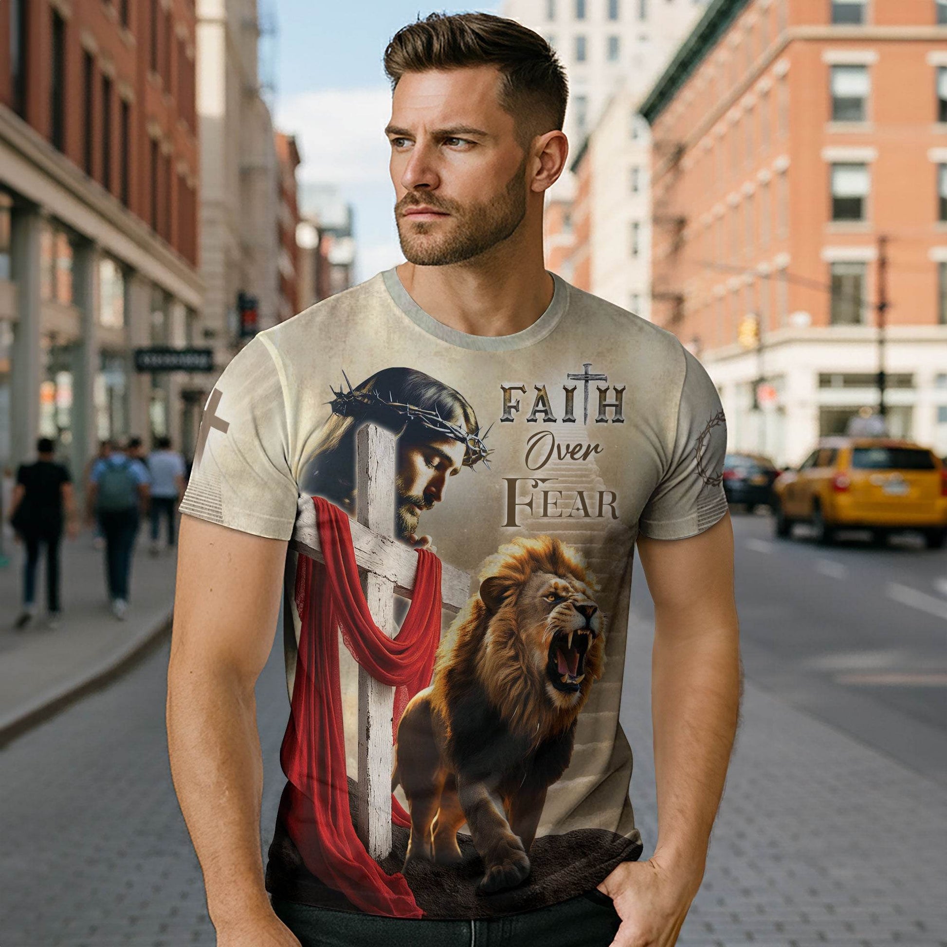 Faith Over Fear Jesus & Lion with Red Drape Christian T-Shirt - Rust Field Wear