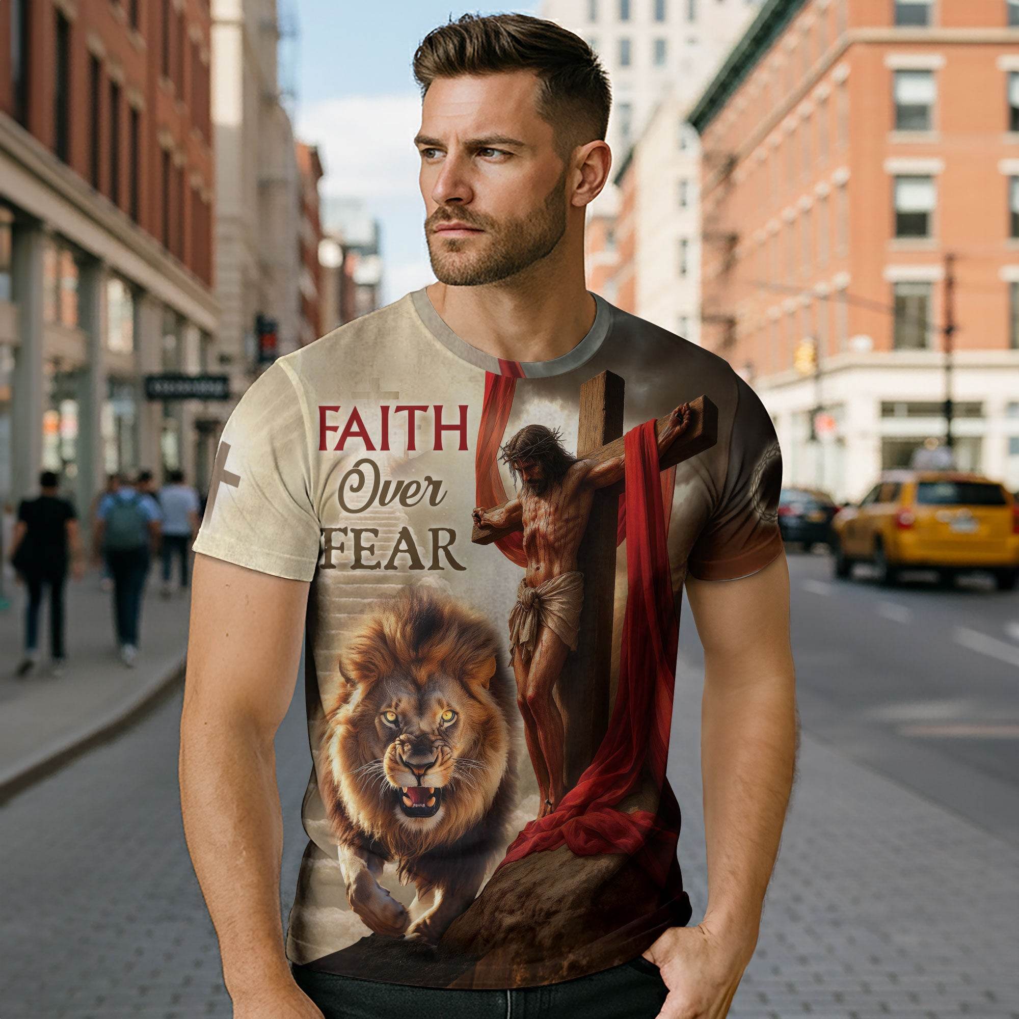Faith Over Fear Jesus Lion & Cross Christian T-Shirt - Rust Field Wear