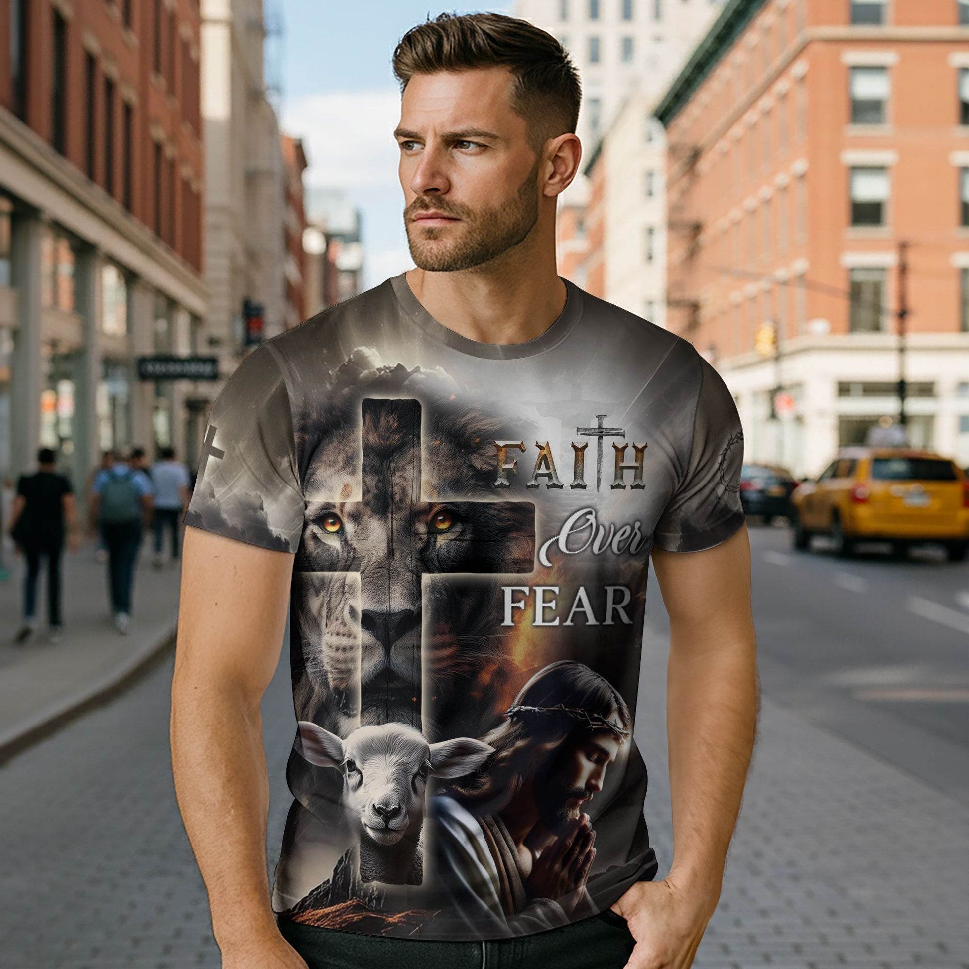 Faith Over Fear Lion Cross & Lamb Christian T-Shirt - Rust Field Wear