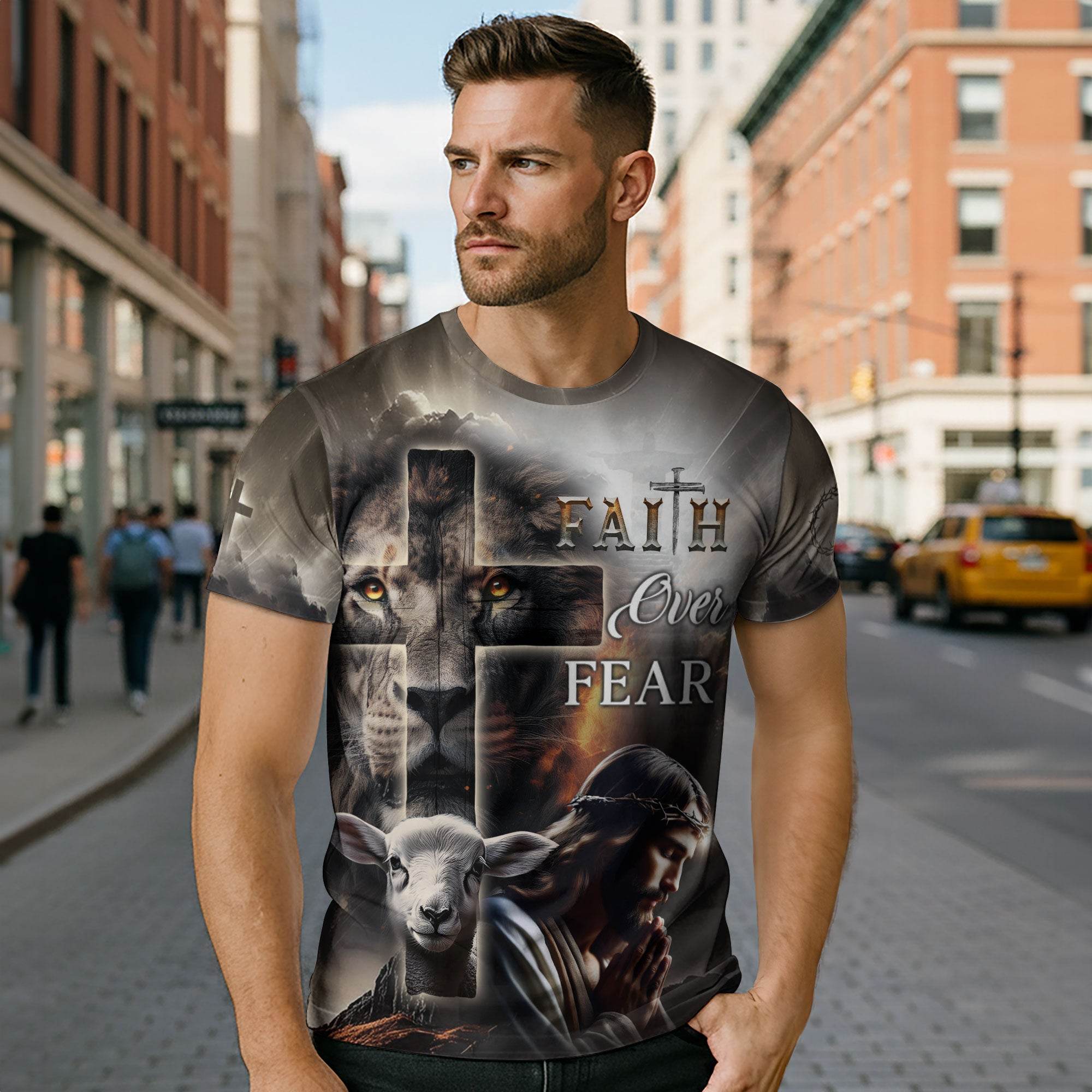 Faith Over Fear Lion Cross & Lamb Christian T-Shirt - Rust Field Wear
