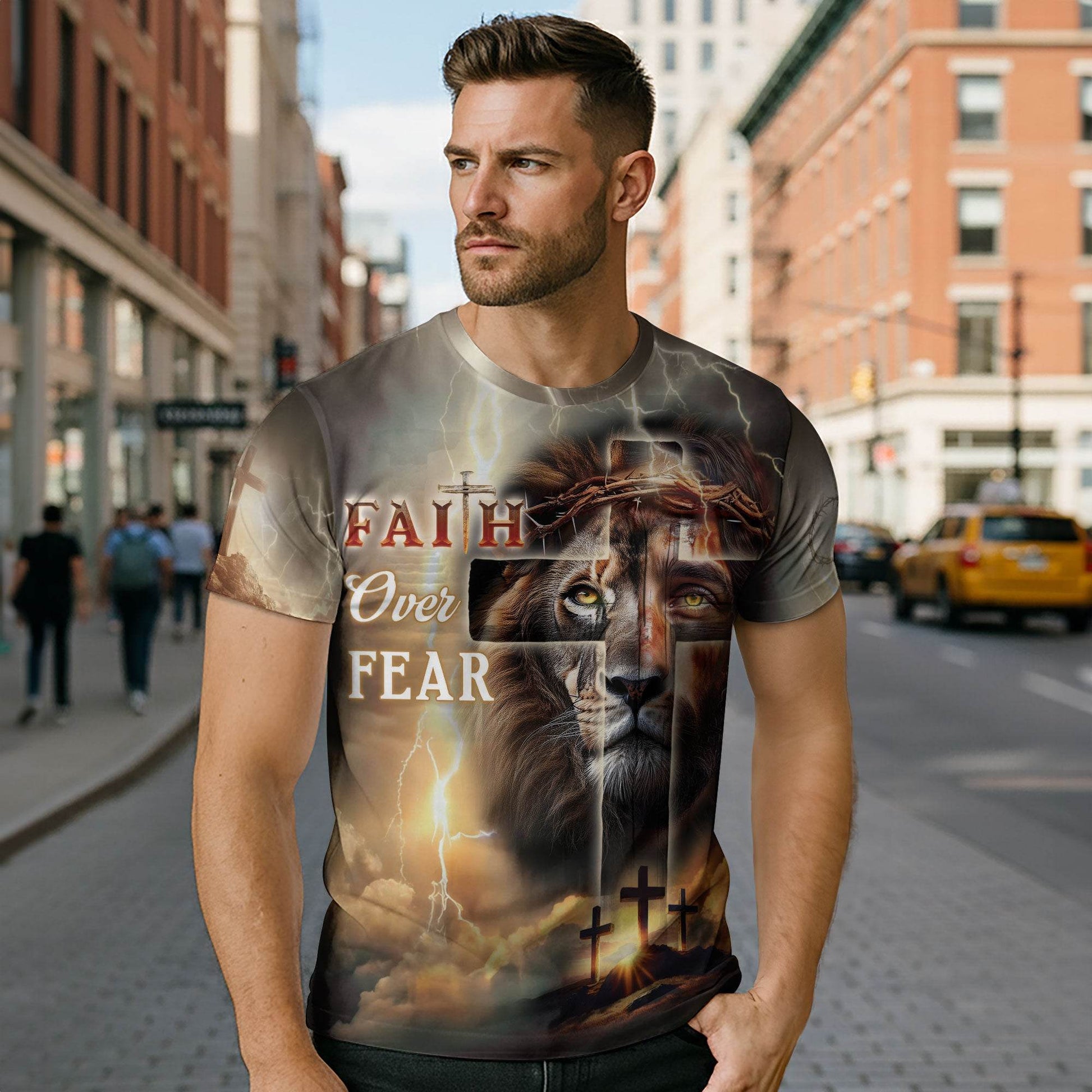 Faith Over Fear Lion & Cross Lightning Christian T-Shirt - Rust Field Wear