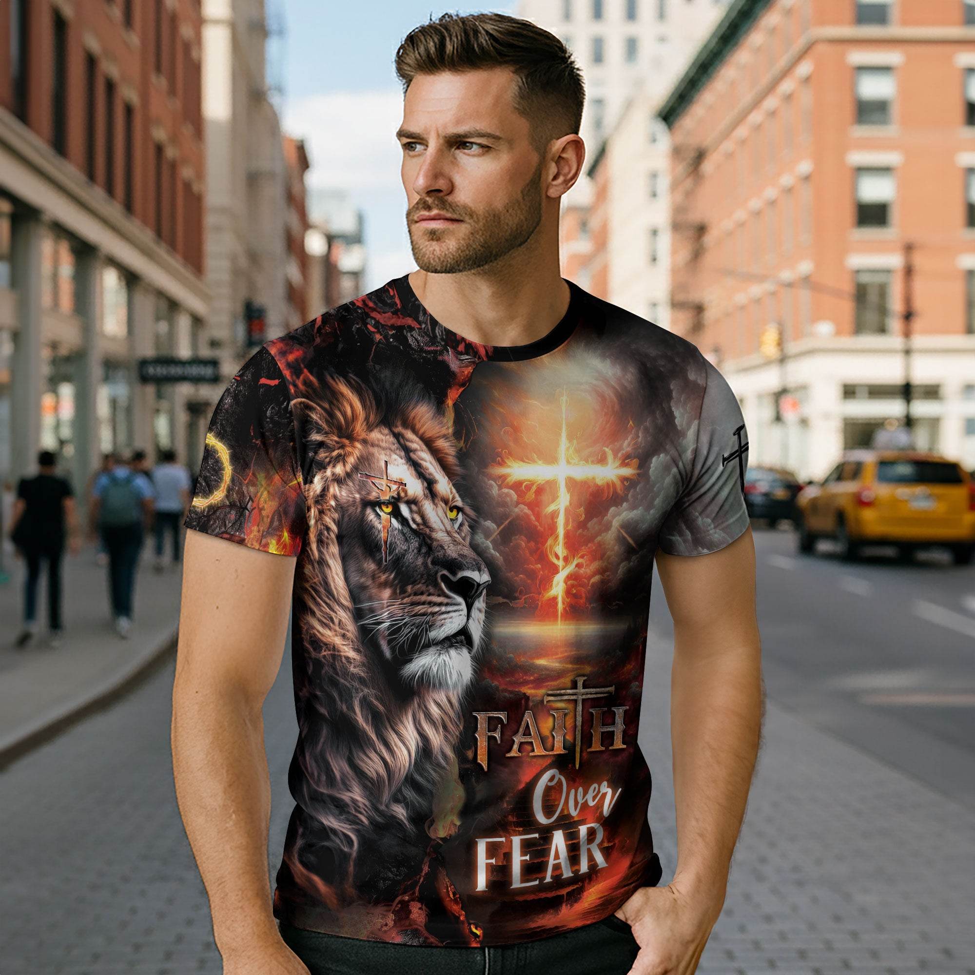 Lion & Fiery Cross Christian T-Shirt – Faith Over Fear Design - Rust Field Wear