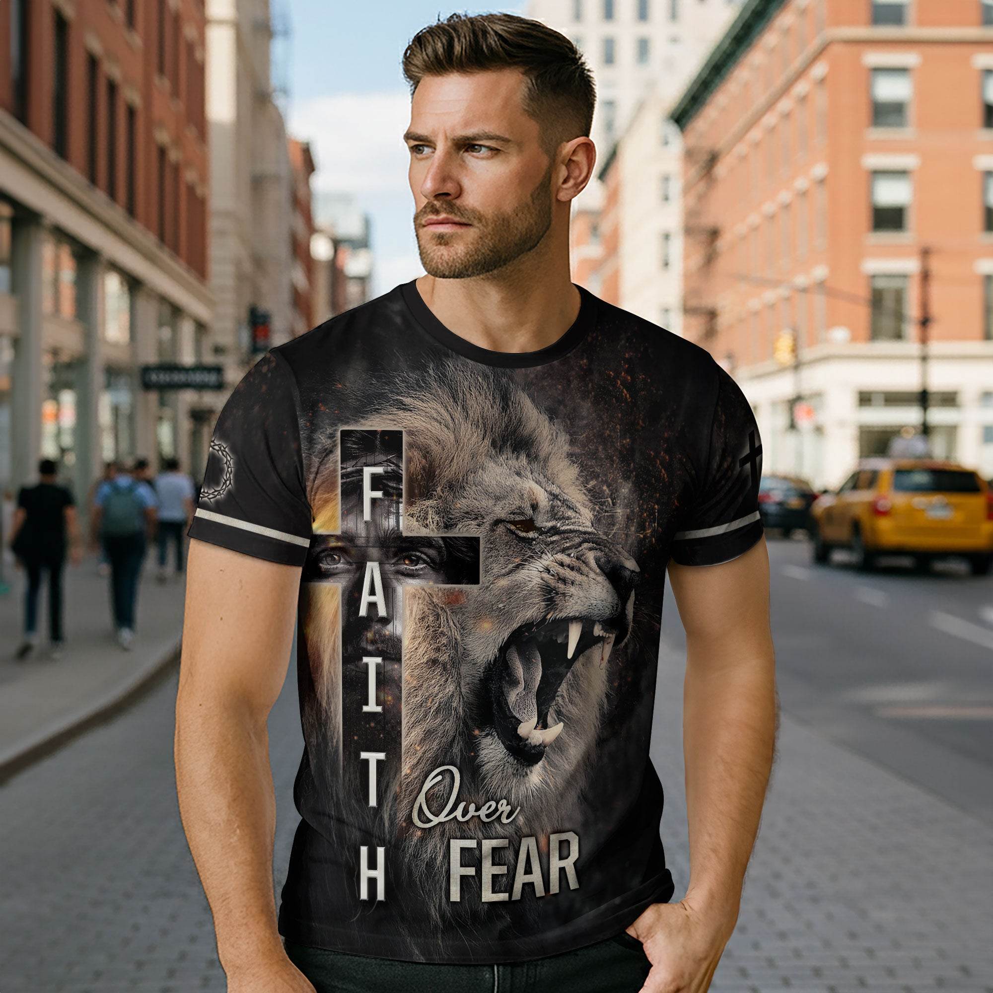 Roaring Lion & Cross Faith Over Fear Christian T-Shirt - Rust Field Wear
