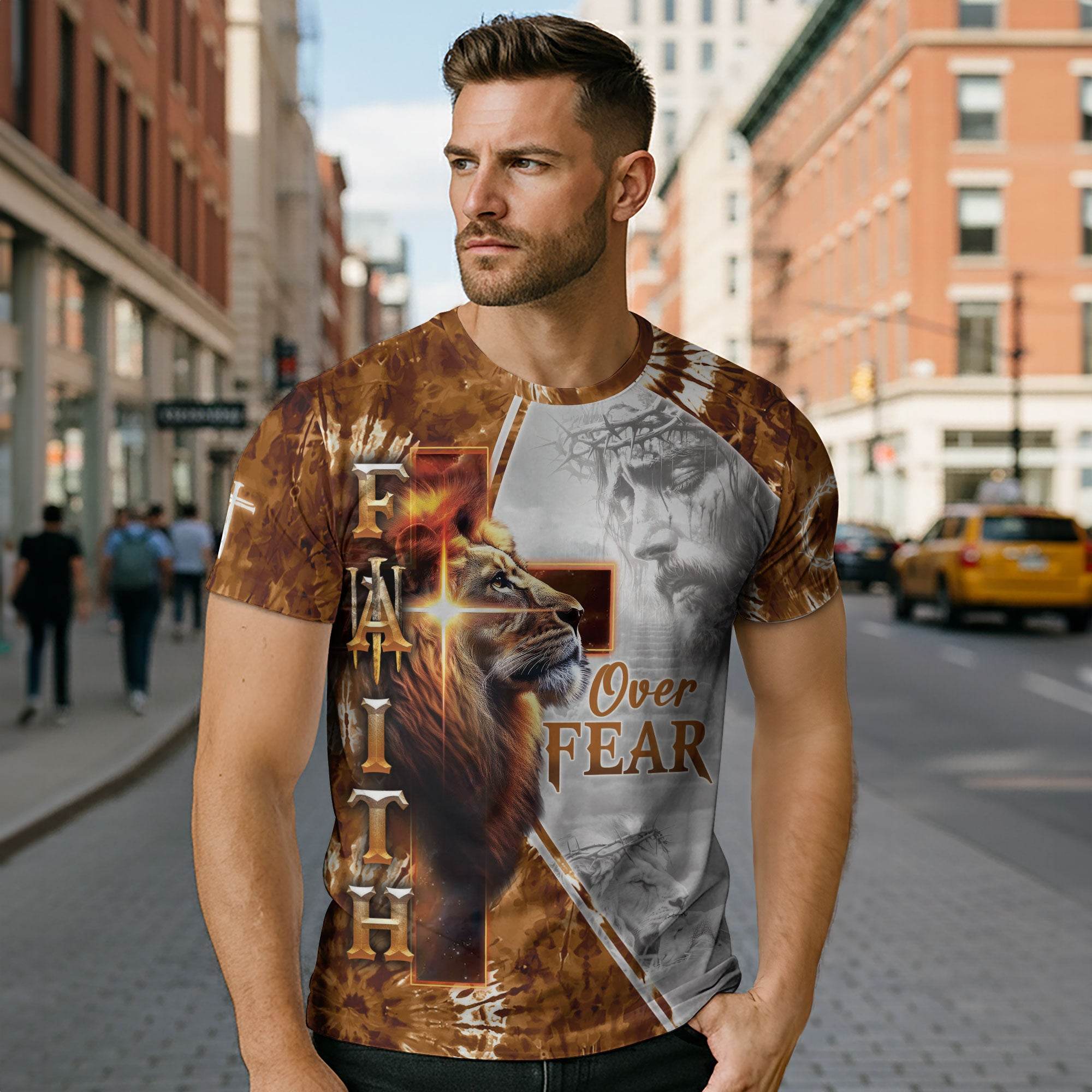 Faith Over Fear Lion & Jesus Cross Christian T-Shirt - Rust Field Wear