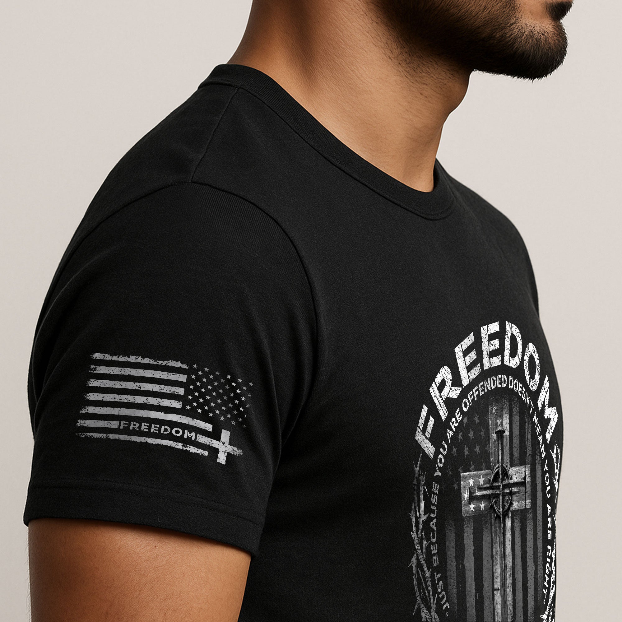 Freedom Memorial American Flag Cross with Crown of Thorns & Quote T-Shirt