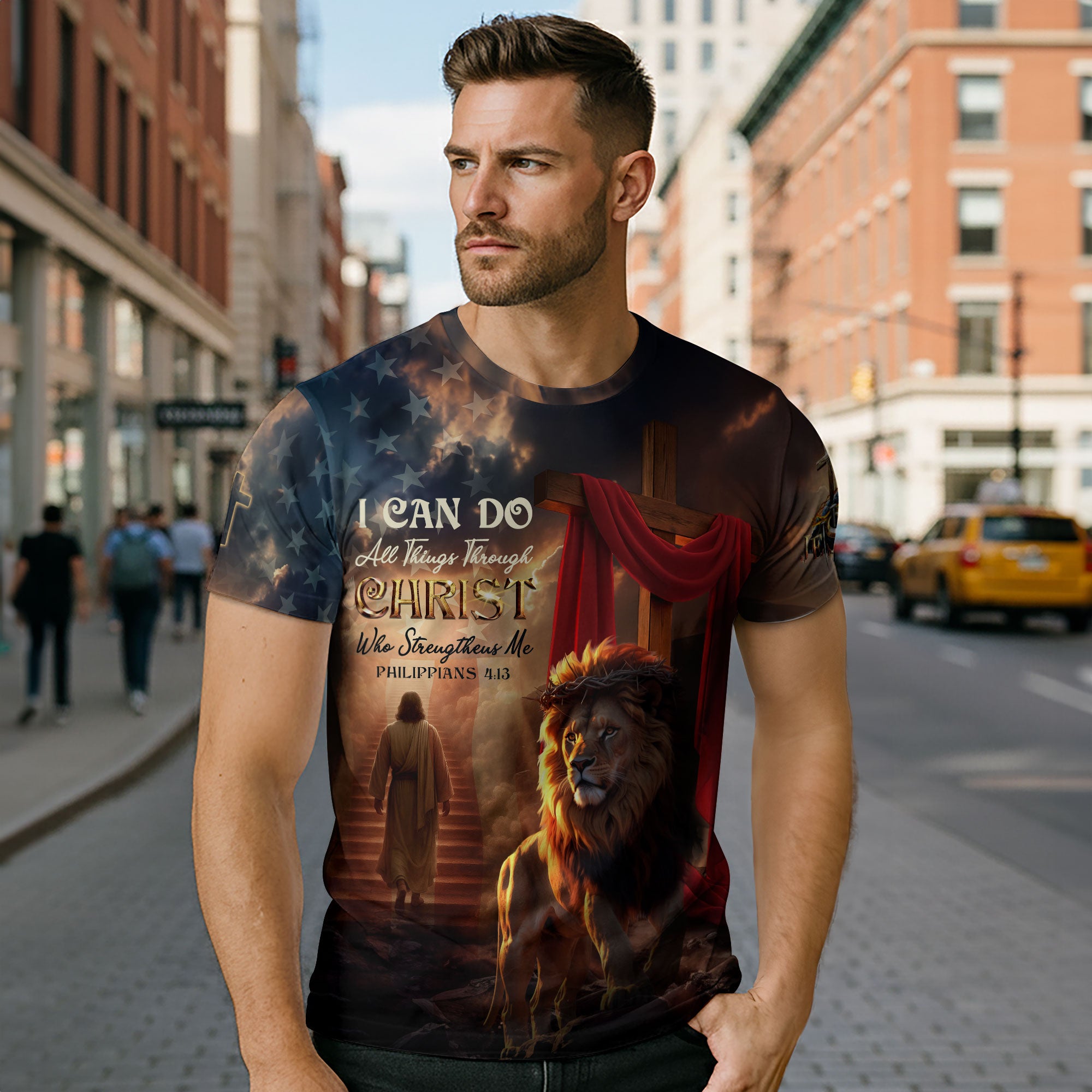 I Can Do All Things Through Christ Lion and Lamb Cross Christian T-Shirt