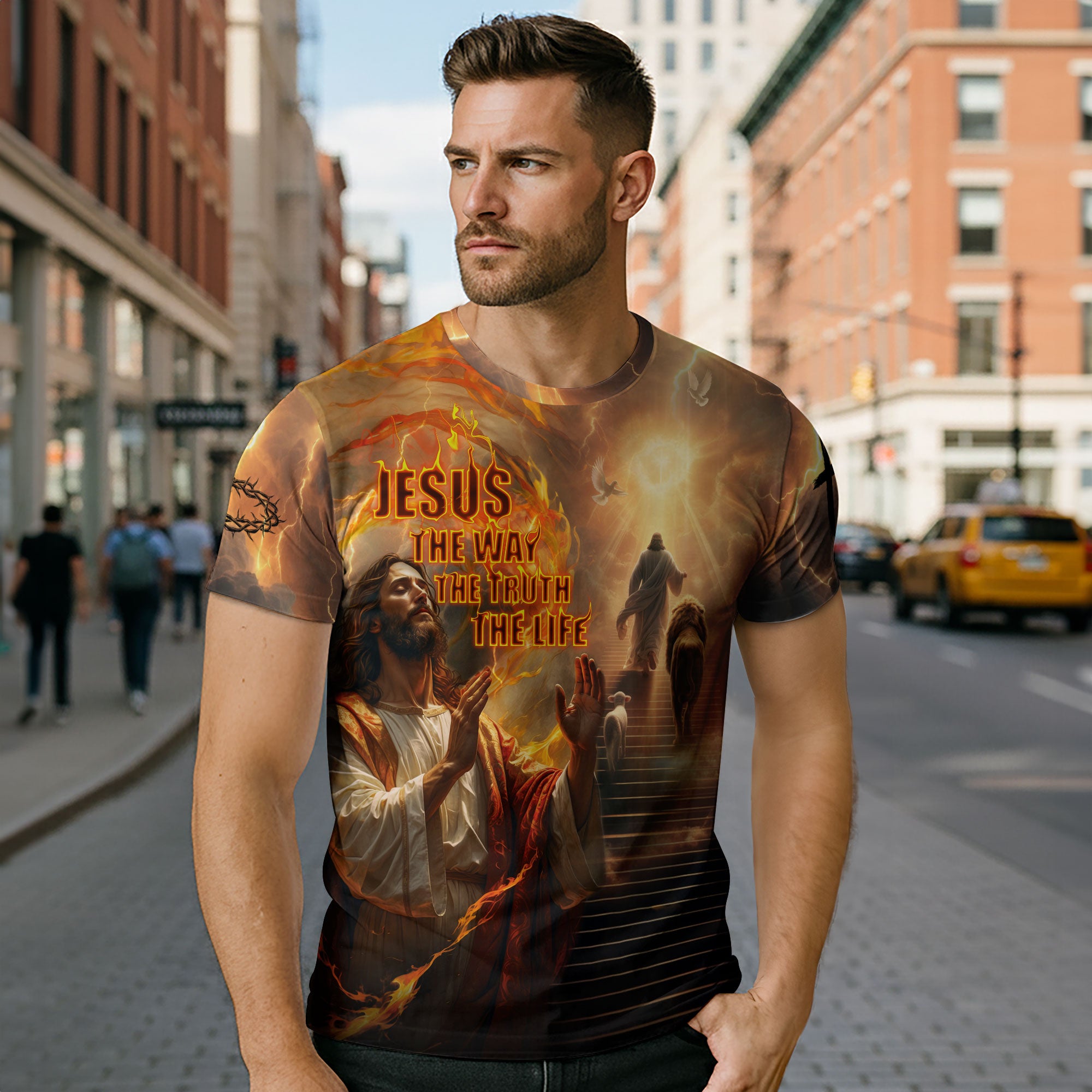 Jesus The Way The Truth The Life Lion and Lamb Fire Christian T-Shirt