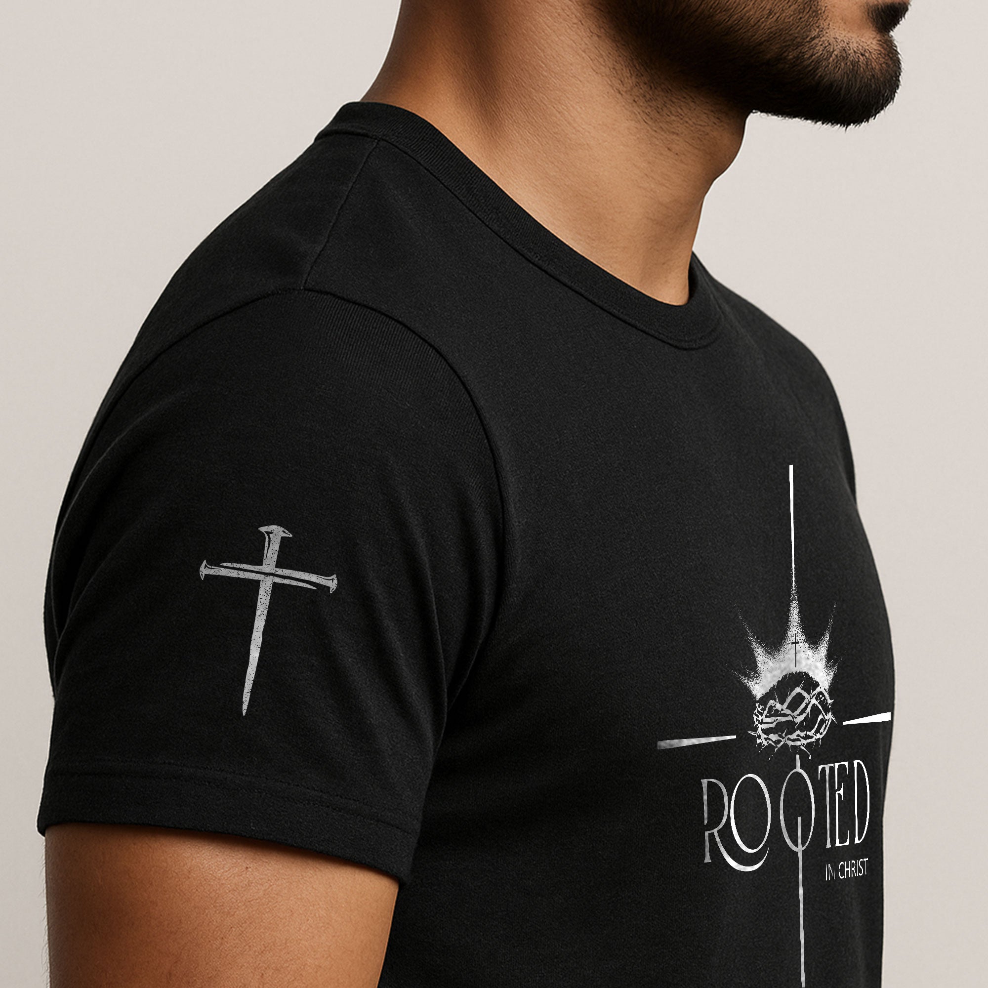 Rooted In Christ Christian T Shirt With Crown Of Thorns And Cross Roots