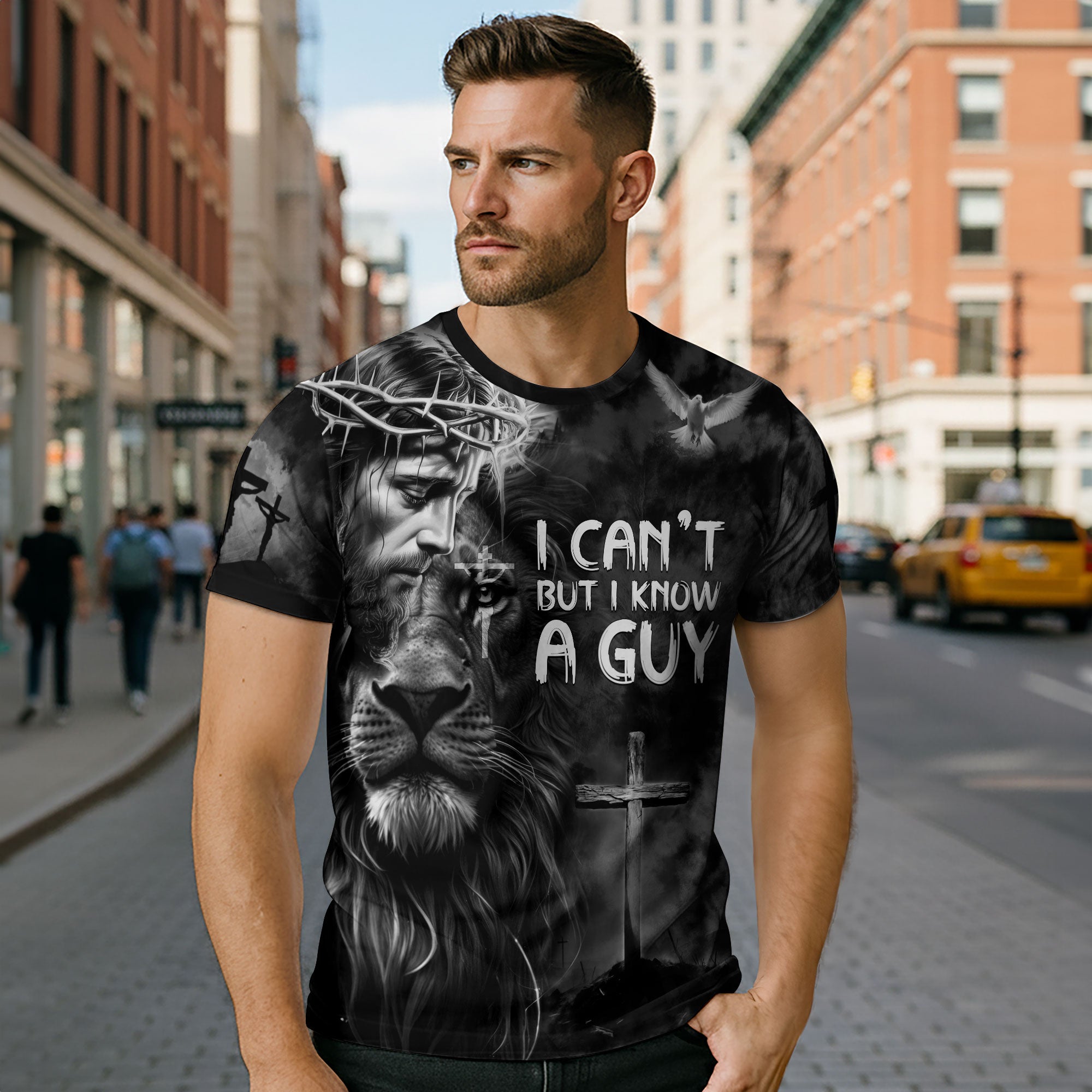 I Can’t But I Know A Guy Jesus Cross Lion Of Judah Black And White Christian T-Shirt