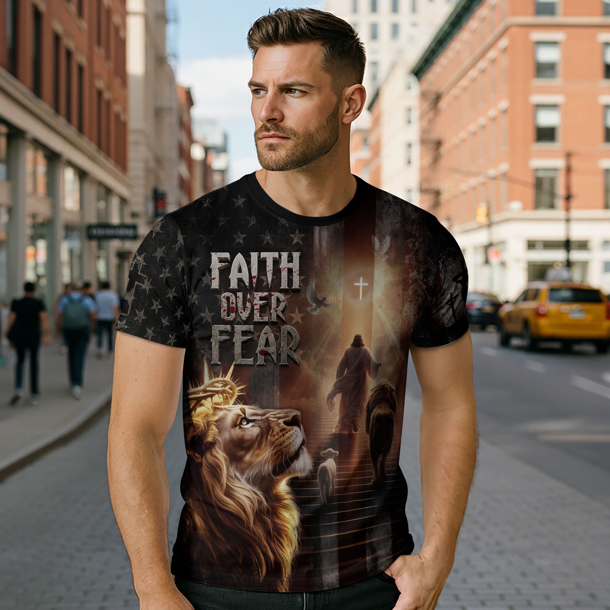 Faith Over Fear Lion of Judah Jesus American Flag Christian T-Shirt