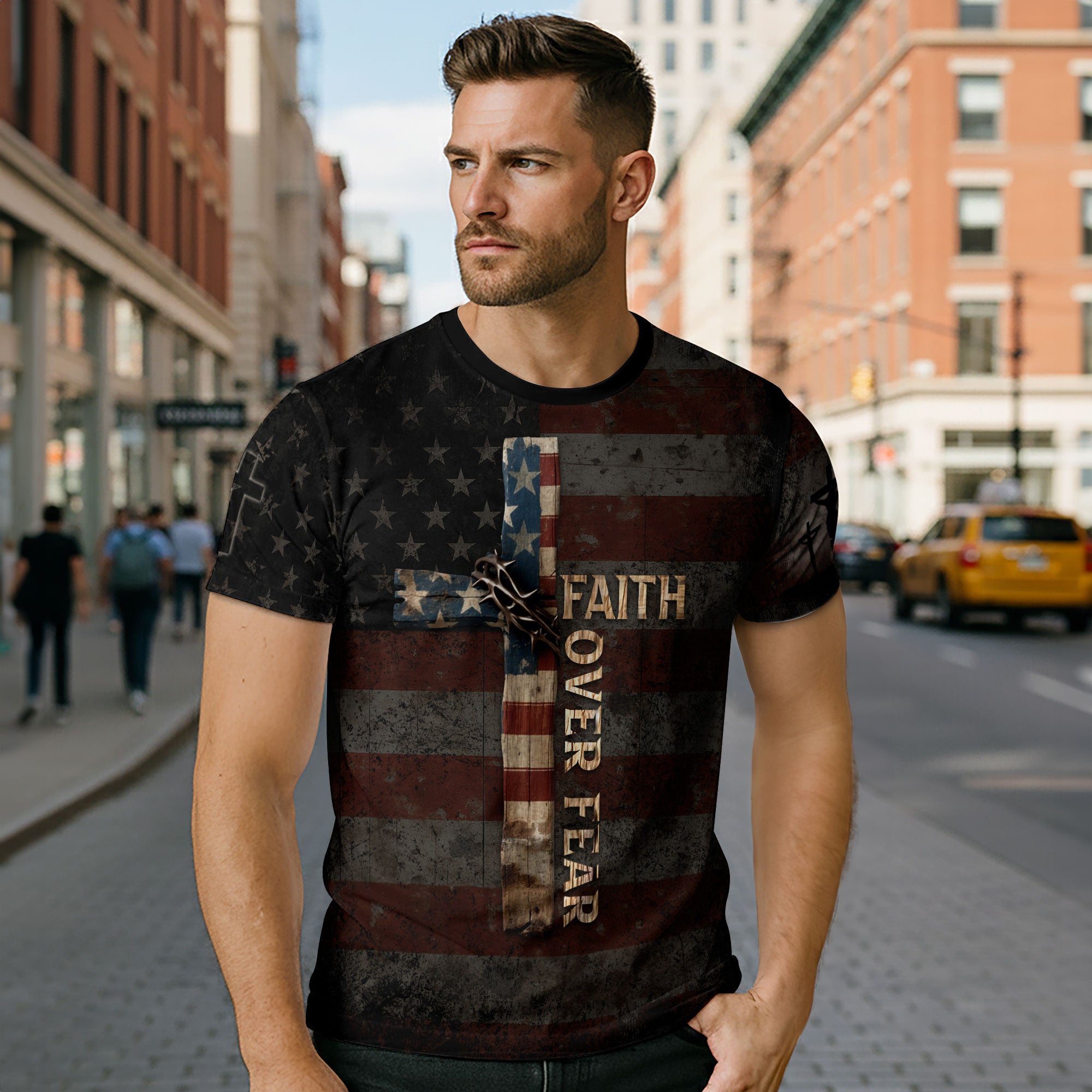 Faith Over Fear Cross American Flag Lion of Judah Jesus Christian T-Shirt