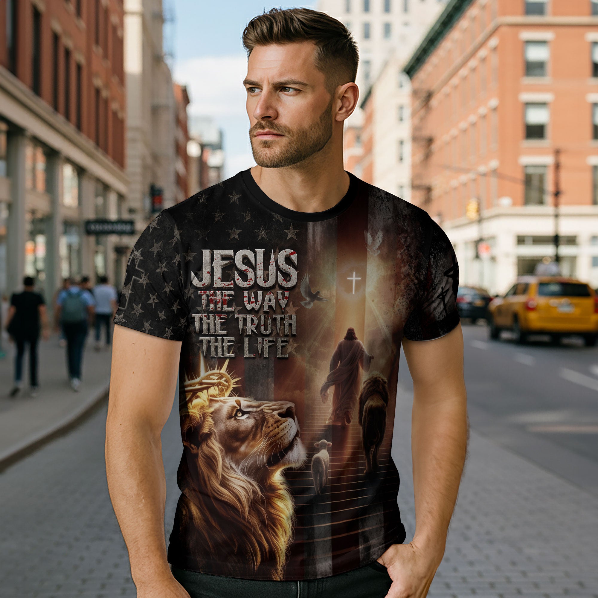 Jesus The Way The Truth The Life Lion of Judah American Flag Christian T-Shirt