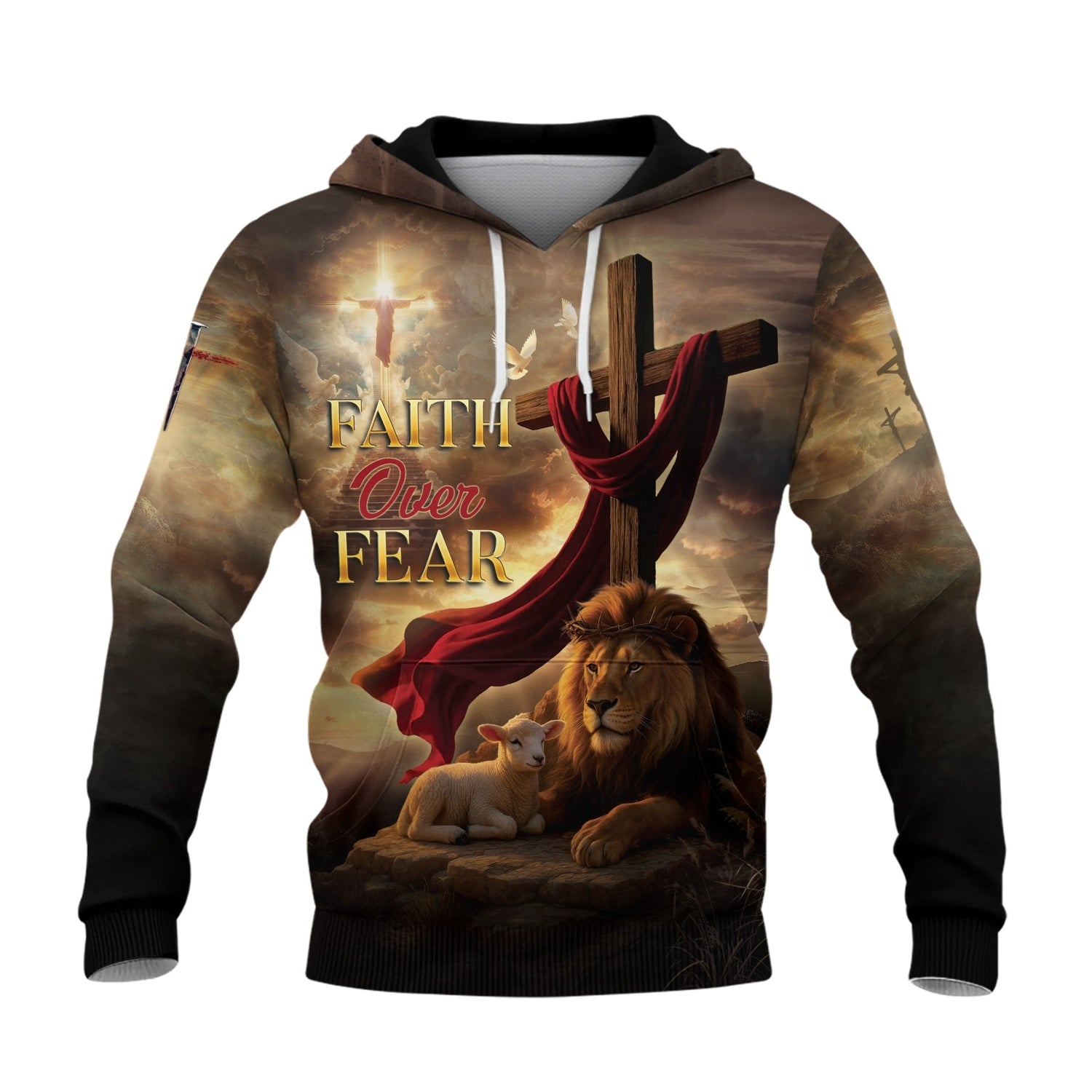 Faith Over Fear Christian Hoodie – Lion and Lamb Cross Design Bible Verse