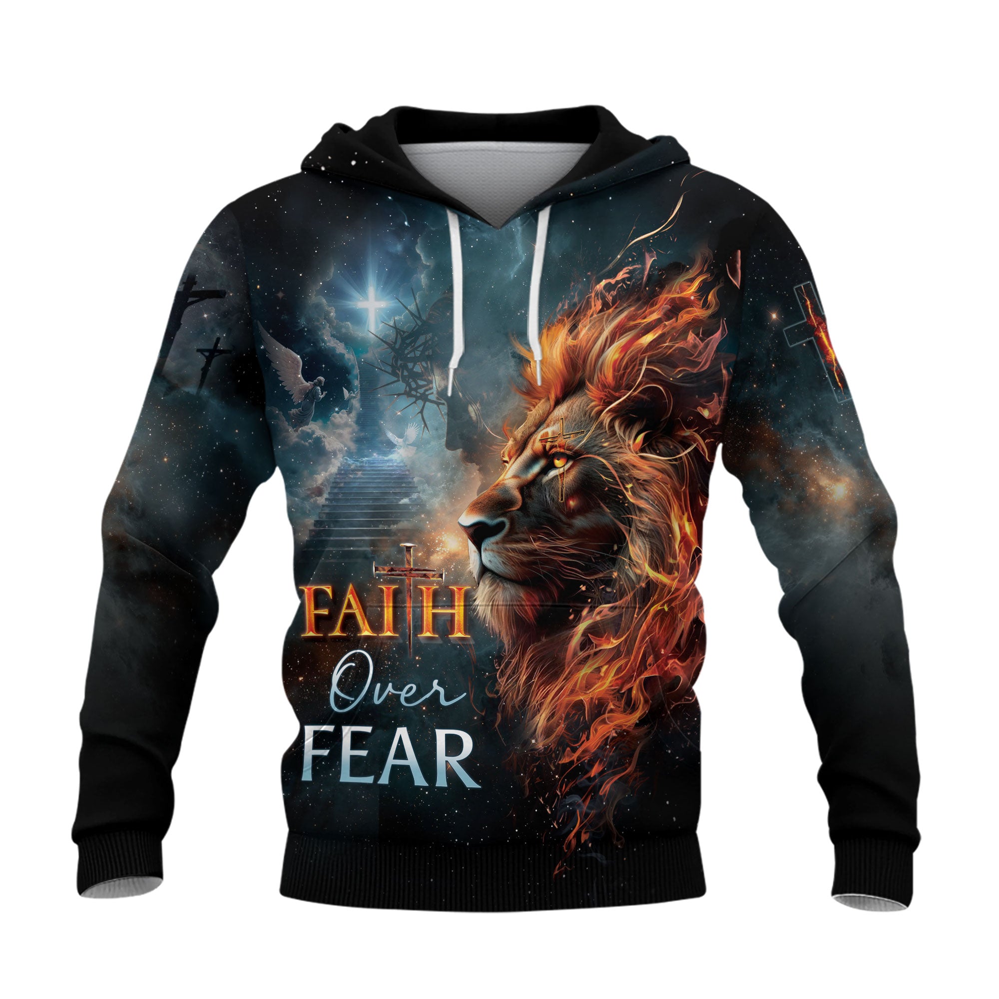 Faith Over Fear Christian Hoodie – Fiery Lion of Judah Cross Design