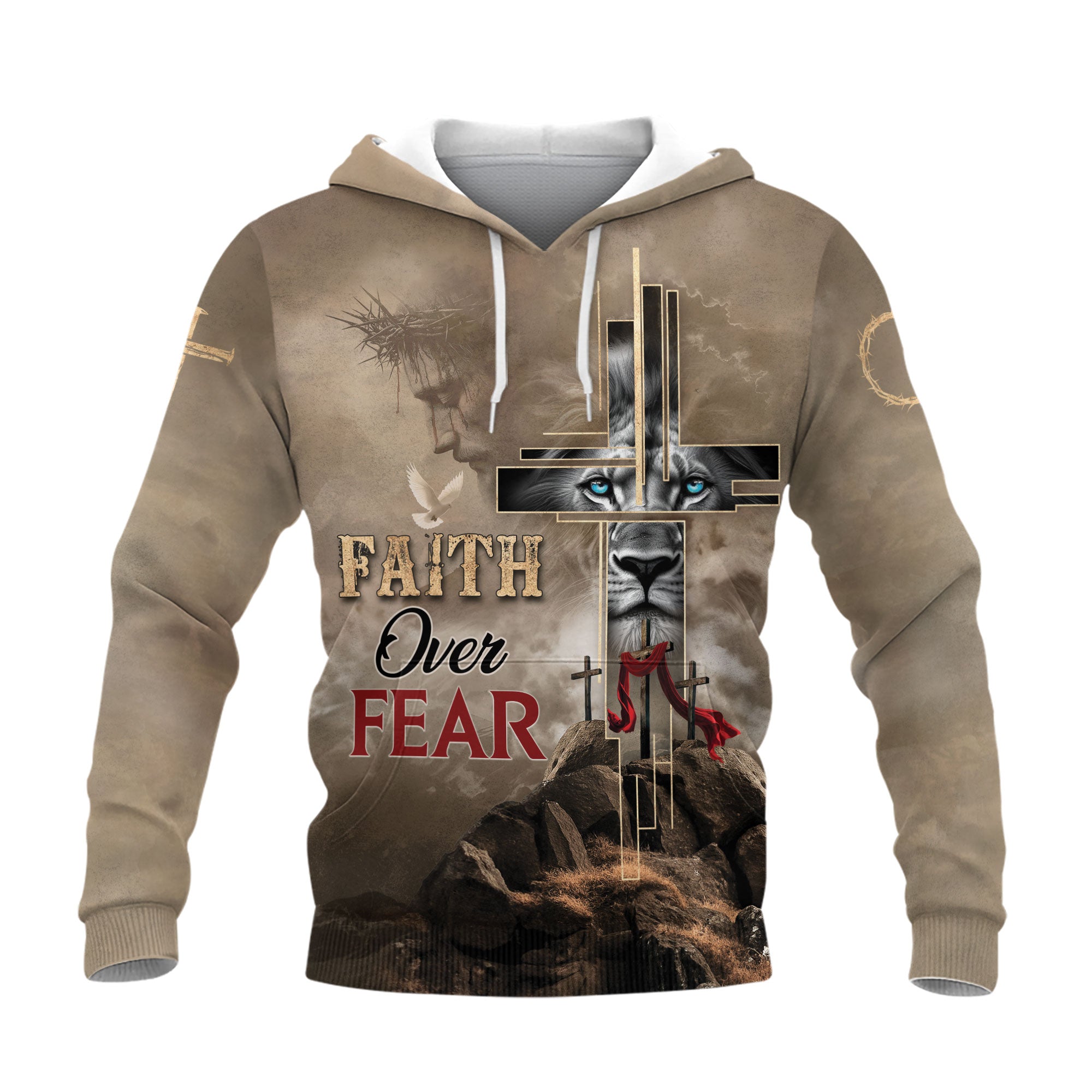 Faith Over Fear Christian Hoodie Lion Cross Desert Design