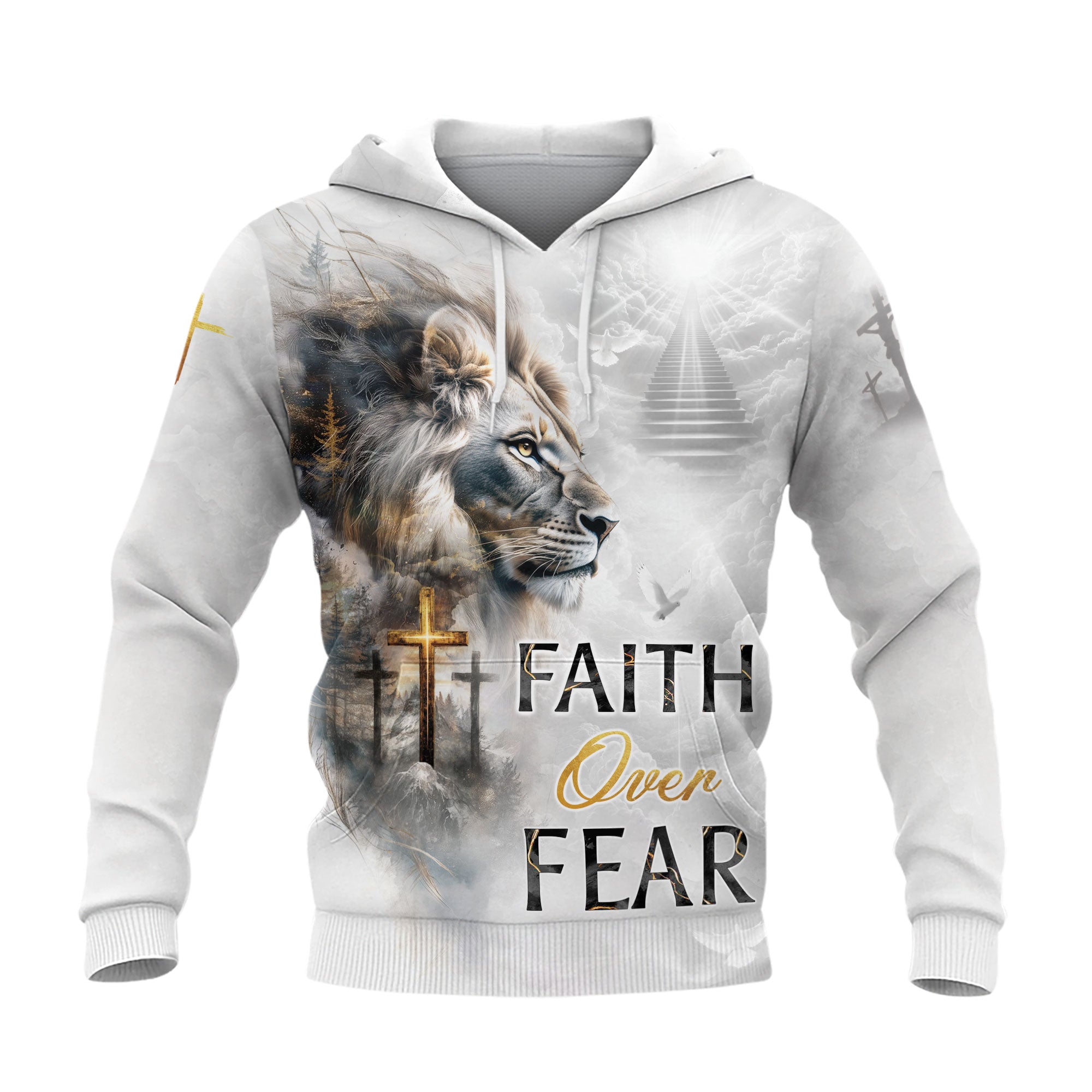 Faith Over Fear Christian Hoodie White Lion Cross Heaven Design