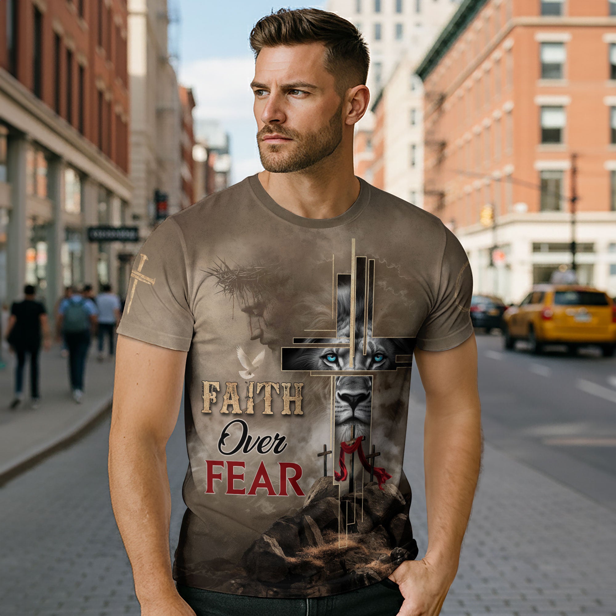 Faith Over Fear Christian T-Shirt Lion Cross Desert Light Design