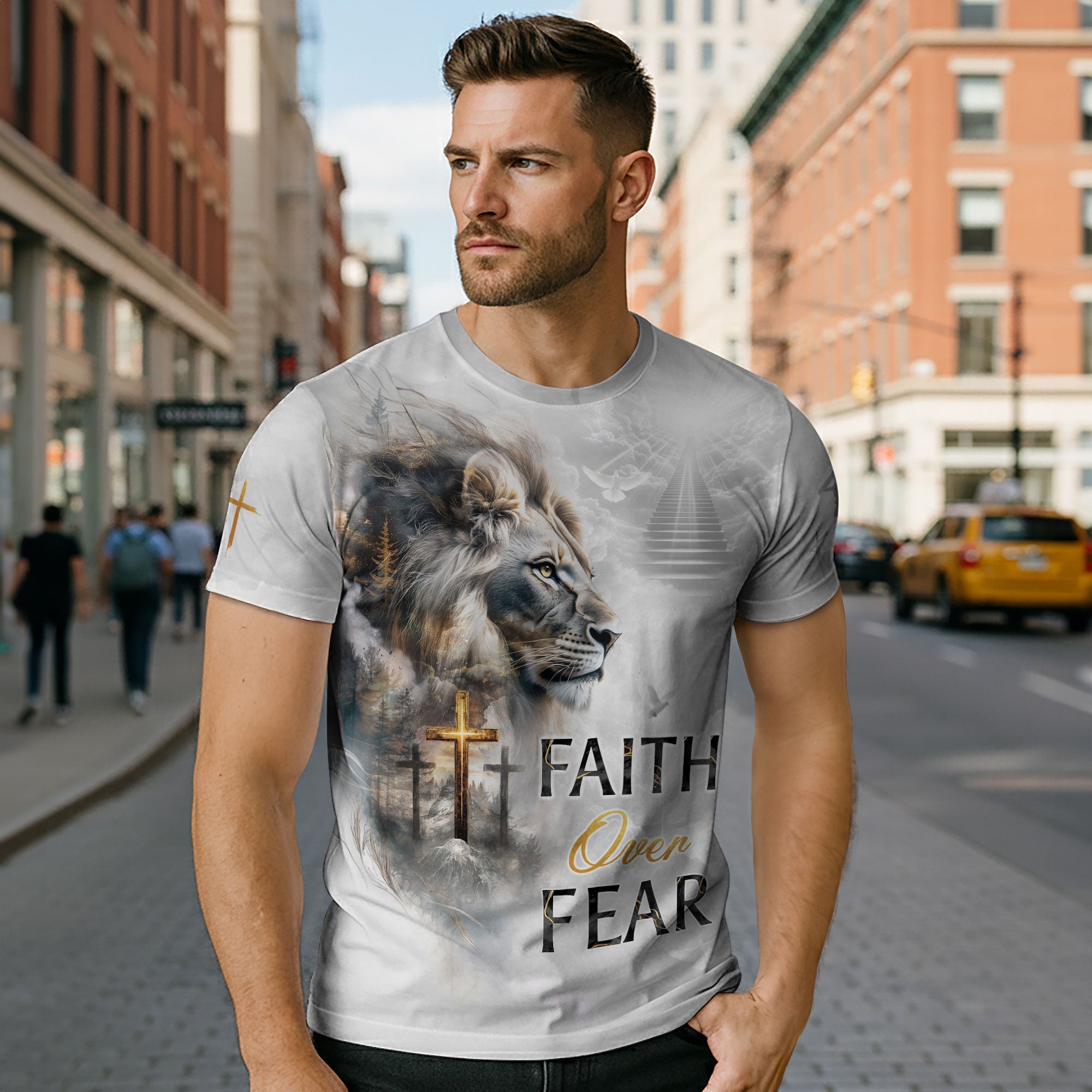 Faith Over Fear Christian T-Shirt Lion Cross White Heaven Design
