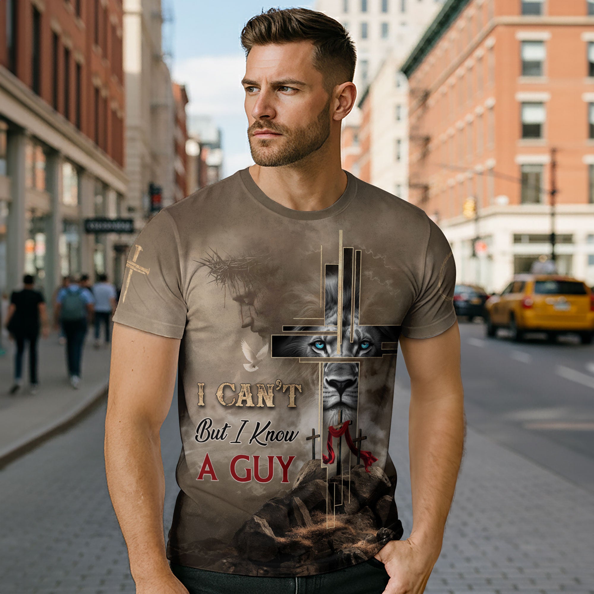 I Can’t But I Know A Guy Christian T-Shirt Fire Lion Jesus Cross Design Religious