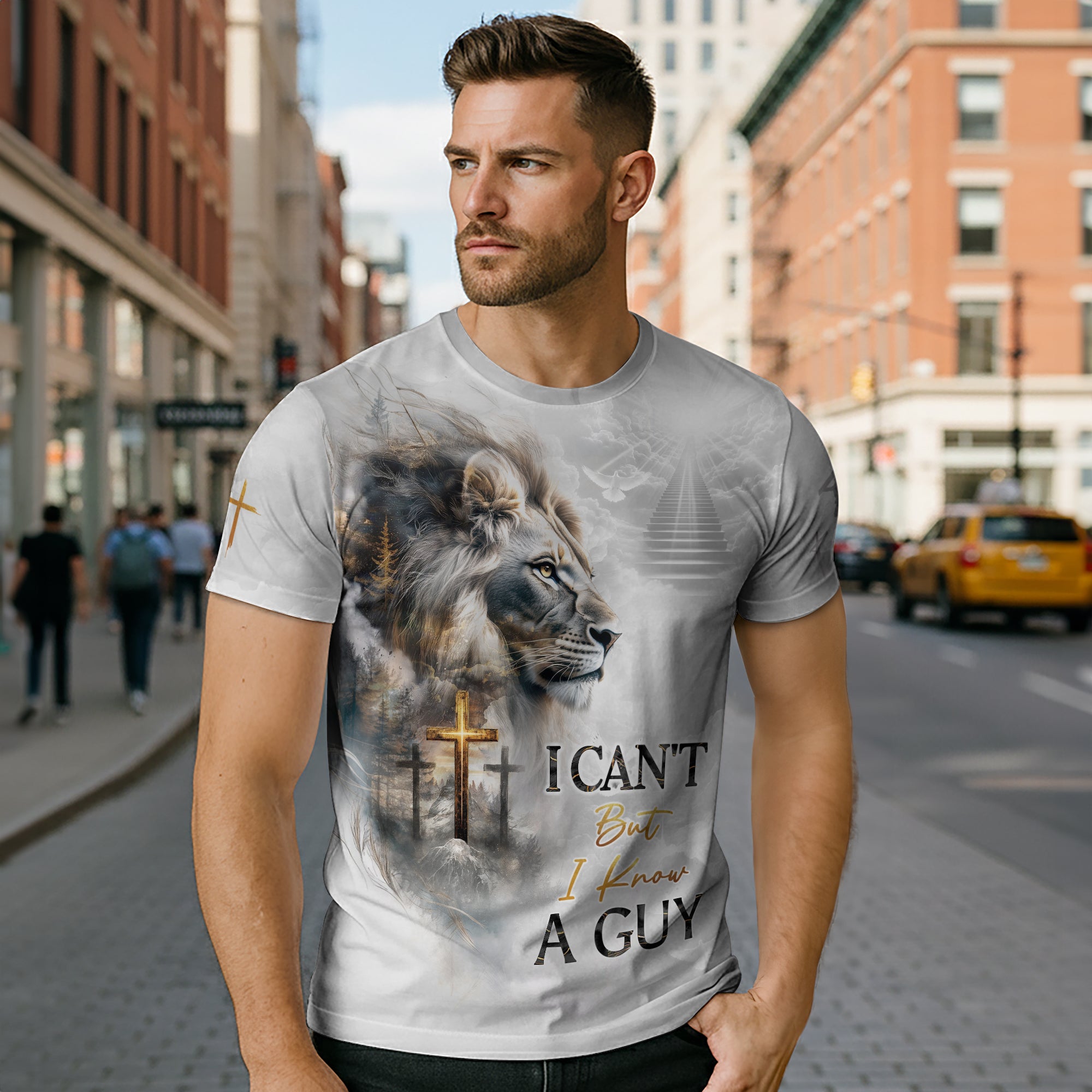 I Can’t But I Know A Guy Christian T-Shirt White Lion Heaven Cross Design