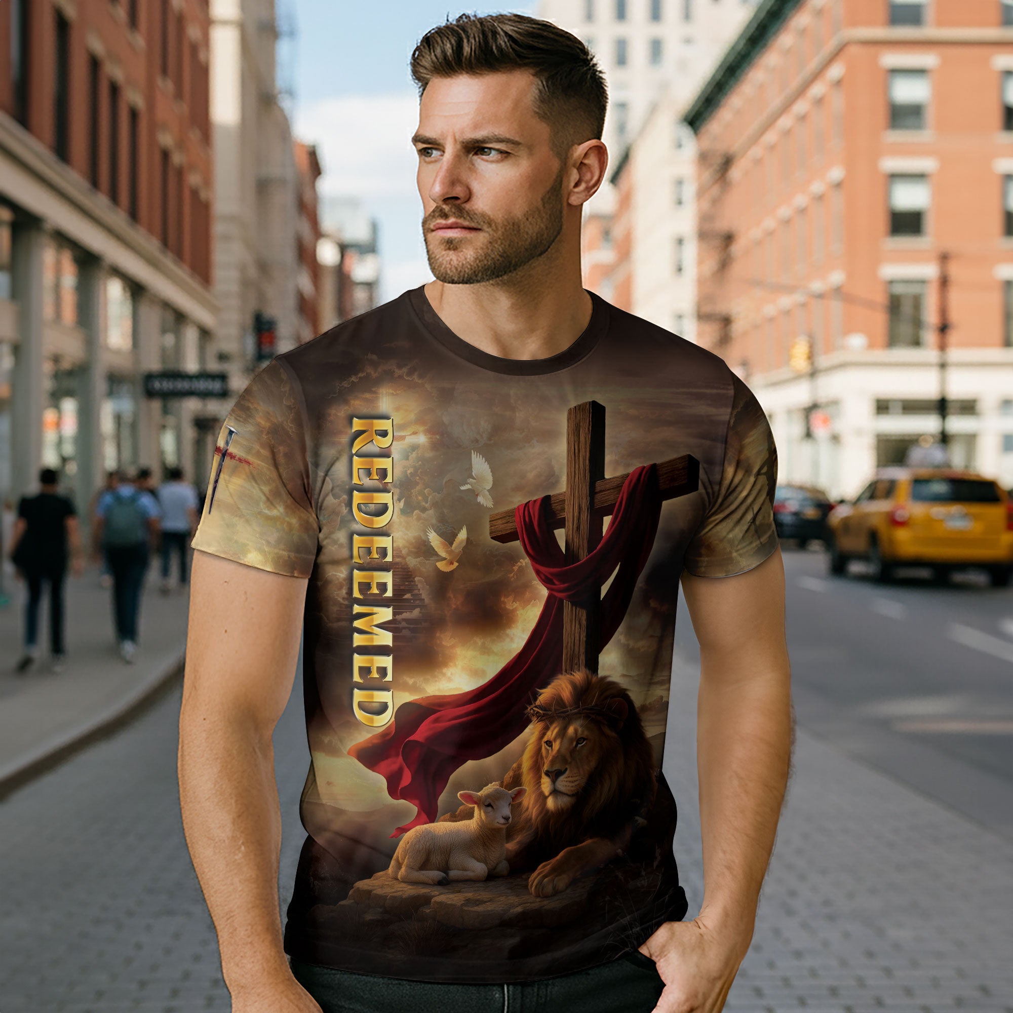 Redeemed Christian T-Shirt Lion Cross Lamb Faith Design