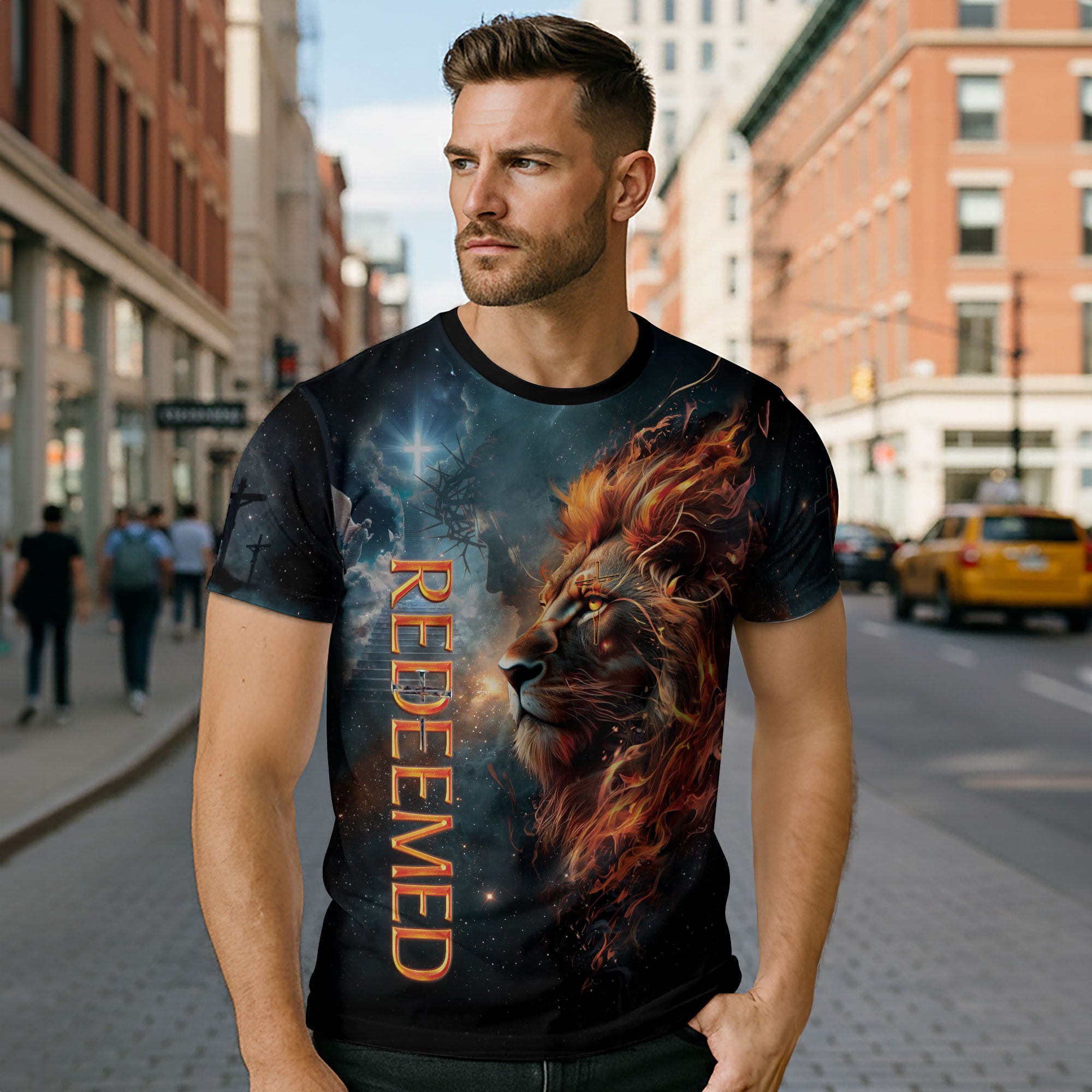 Redeemed Christian T-Shirt Lion Cross Fire Galaxy Design