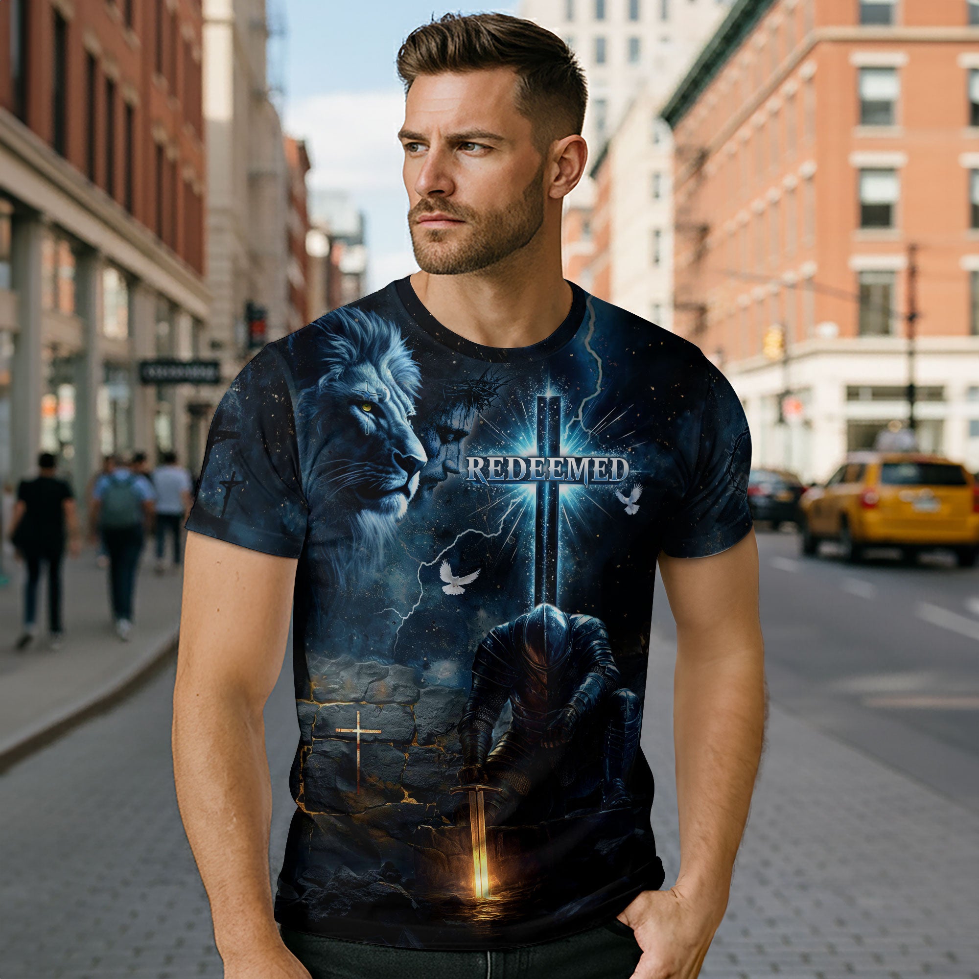 Redeemed Christian T-Shirt Lion Warrior Cross Blue Night Design