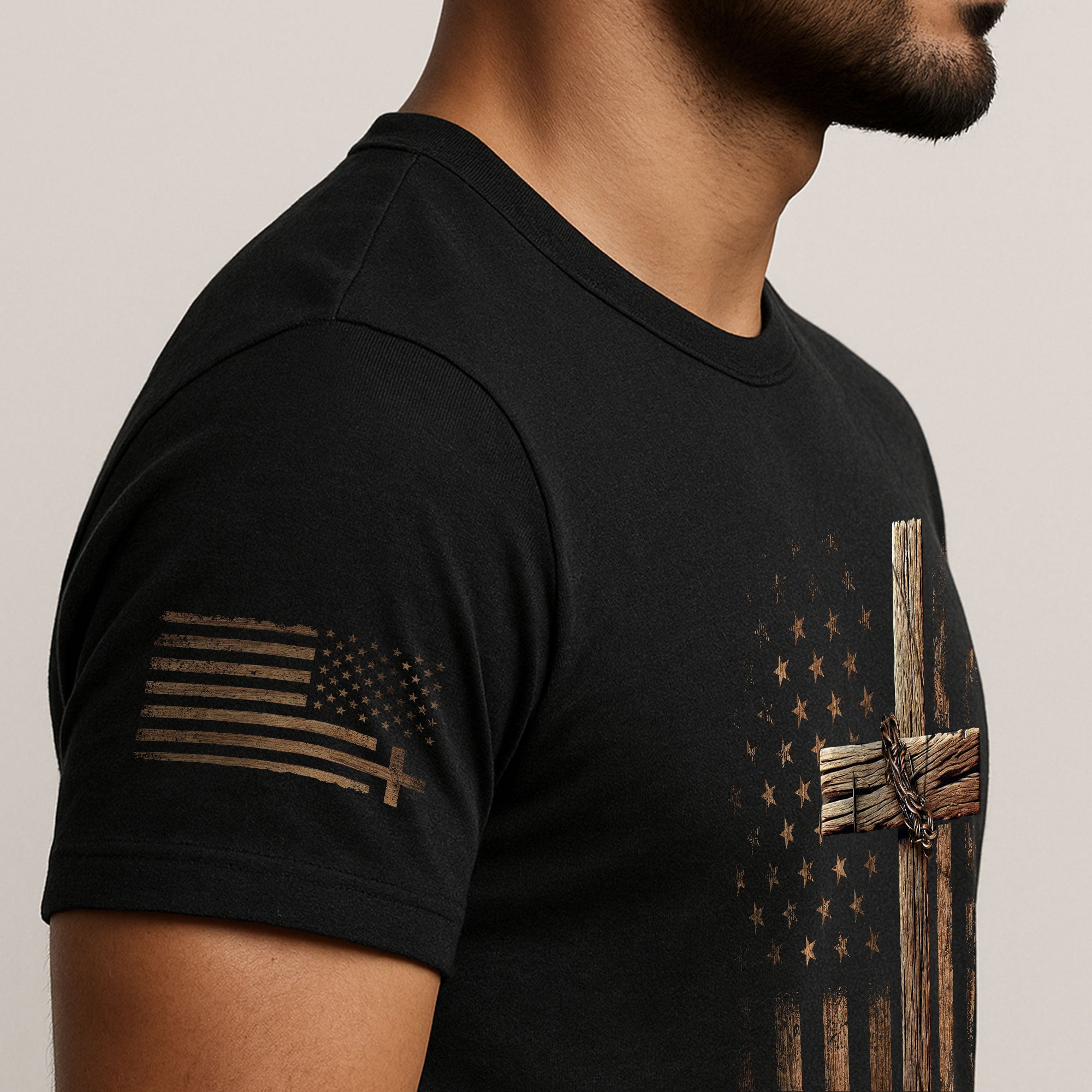 Faith Over Fear Wooden Cross American Flag Christian T-Shirt