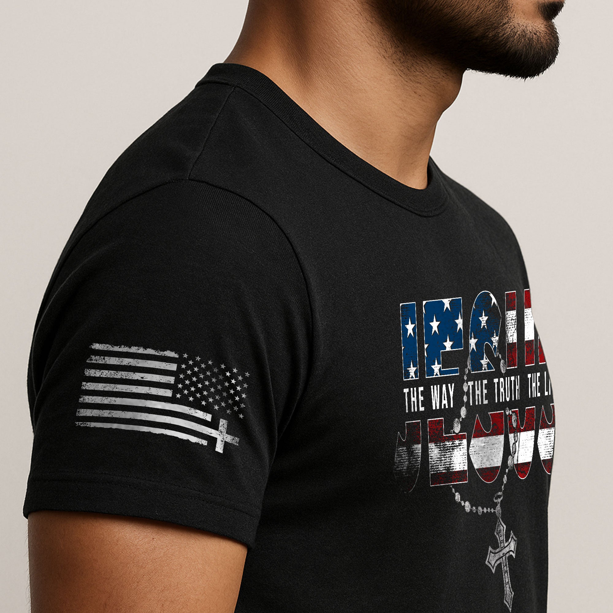 Jesus The Way The Truth The Life USA Flag Rosary Cross Christian T-Shirt