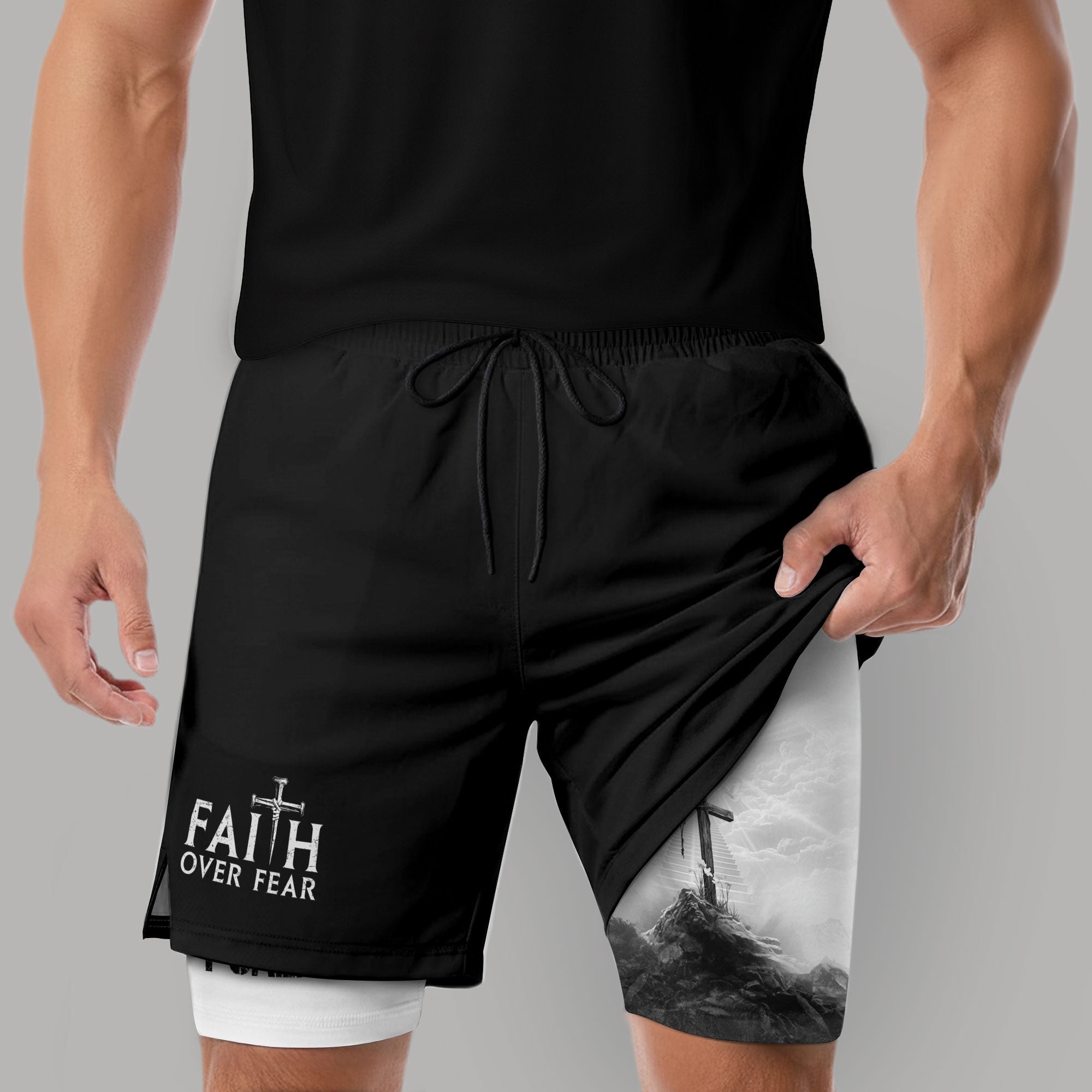 Faith Over Fear Christian Gym Shorts for Men Psalms 27:1 - Rust Field Wear
