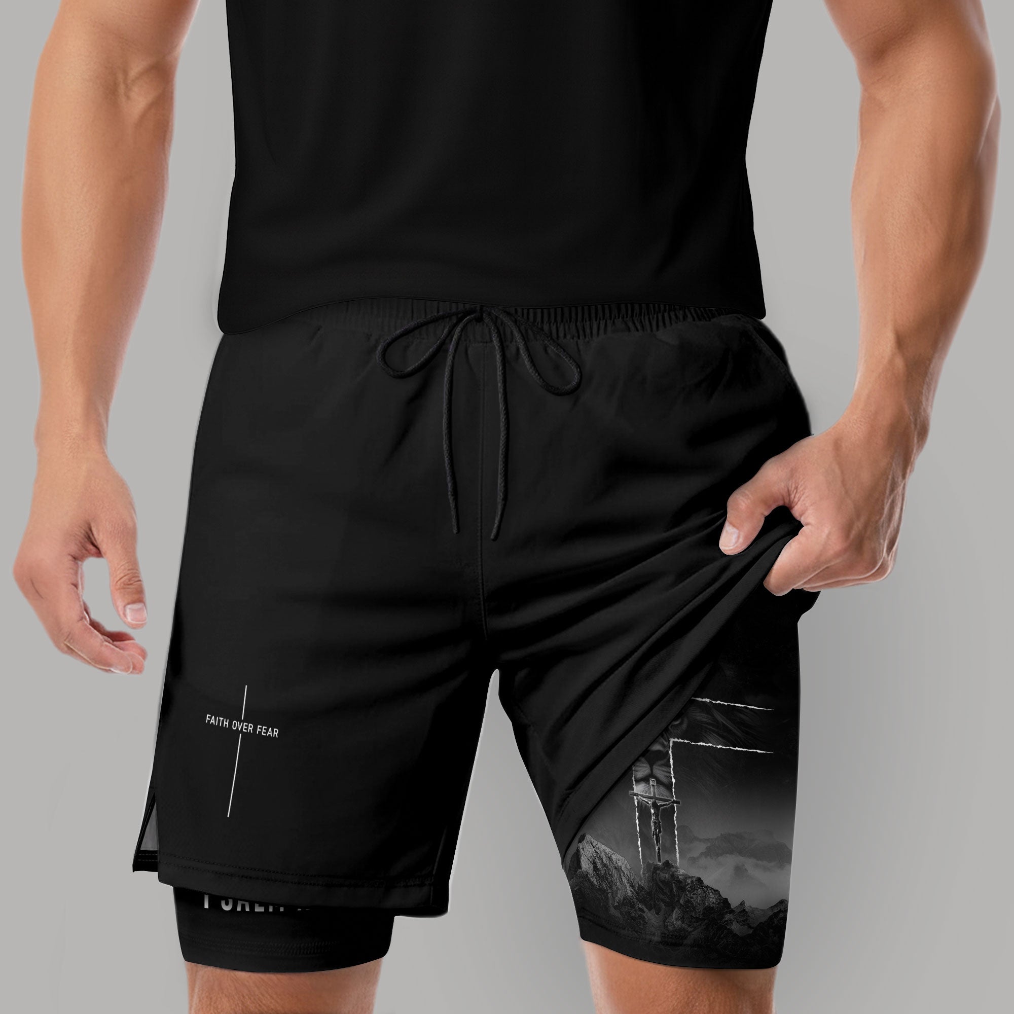 Faith Over Fear Christian Gym Shorts for Men Lion Cross Psalms 27:1 - Rust Field Wear