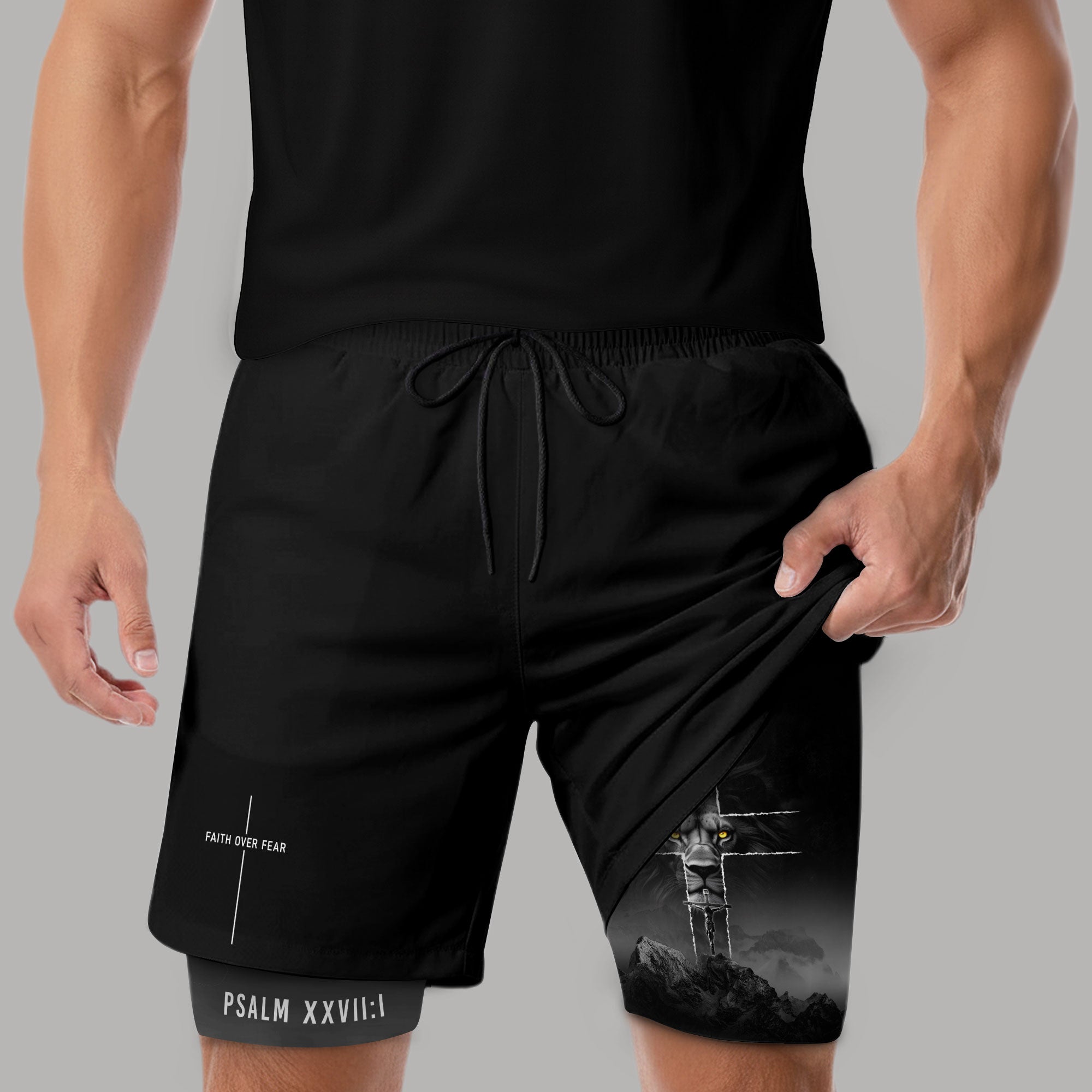 Faith Over Fear Christian Gym Shorts for Men Lion Cross Psalms 27:1